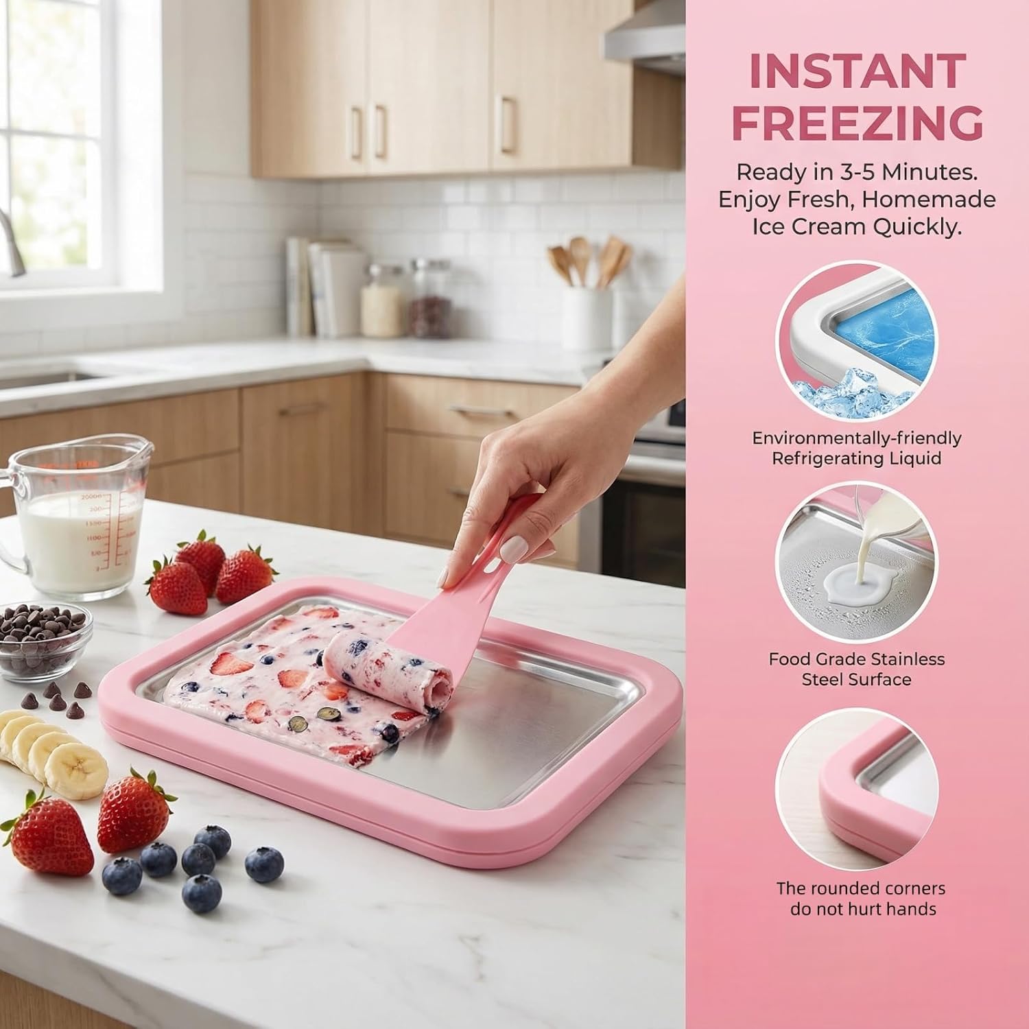Portable Rolled Ice Cream Maker for Home Use, 2-in-1 Ice Cream Roll Maker Machine with 2 Scrapers & Cold Plate, Mini Ice Cream Tray & Board Kit for couple and Family, Makes Frozen Yogurt Gelato (Pink)