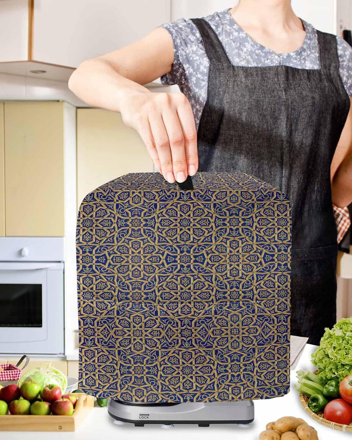 Vintage Mediterranean Stand Mixer Cover with Storage Pocket, Waterproof Kitchen Mixer Covers, Retro Morocco Abstract Art Brown Blue Kitchen Appliance Dust Cover Compatible with 5-8 Quart Mixers