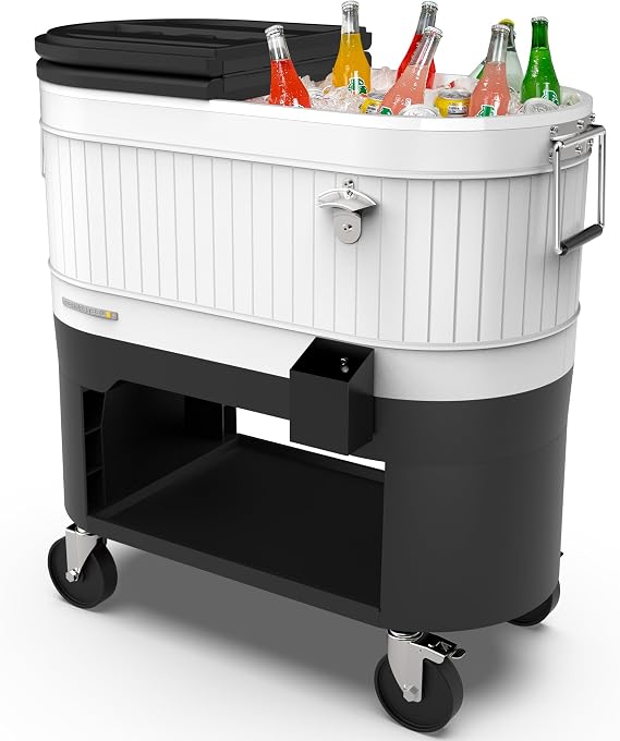 Permasteel Rolling Patio Cooler – Large Outdoor Ice Chest with Wheels, Beverage Cooler for Backyard, BBQ, Tailgate, Beach, Parties, Rustic Farmhouse Design