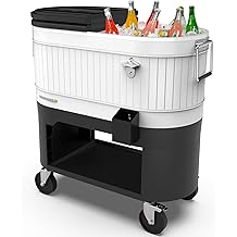 Permasteel Rolling Patio Cooler &ndash; Large Outdoor Ice Chest with Wheels, Beverage Cooler for Backyard, BBQ, Tailgate, Beach, Parties, Rustic Farmhouse Design