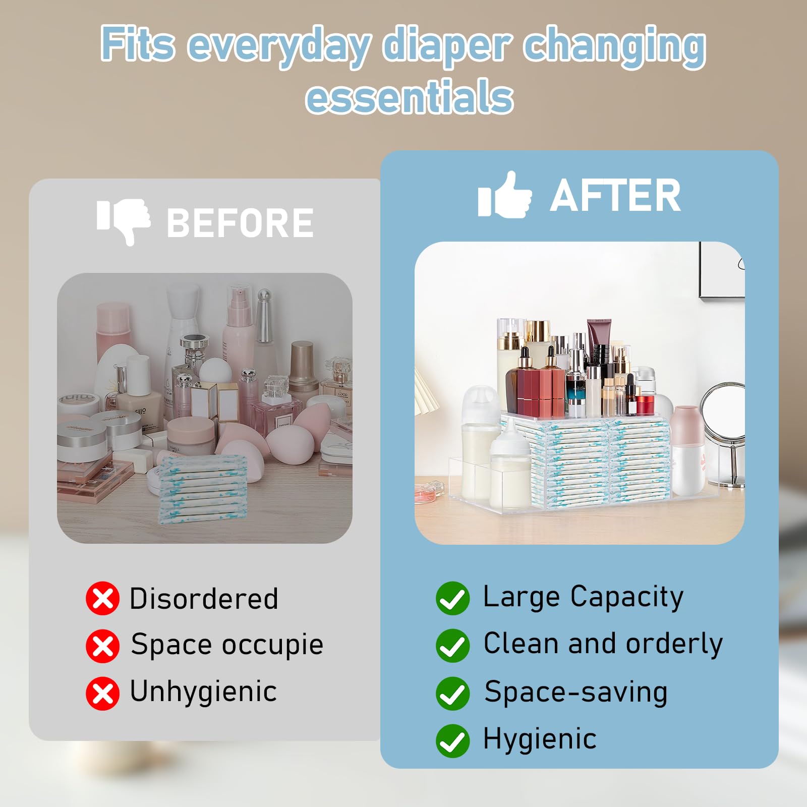Organiseur de couches en acrylique, station à langer durable, organiseur de couches, rangement de couches pour chambre de bébé, distributeur de lingettes, chauffe-lingettes et autres essentiels