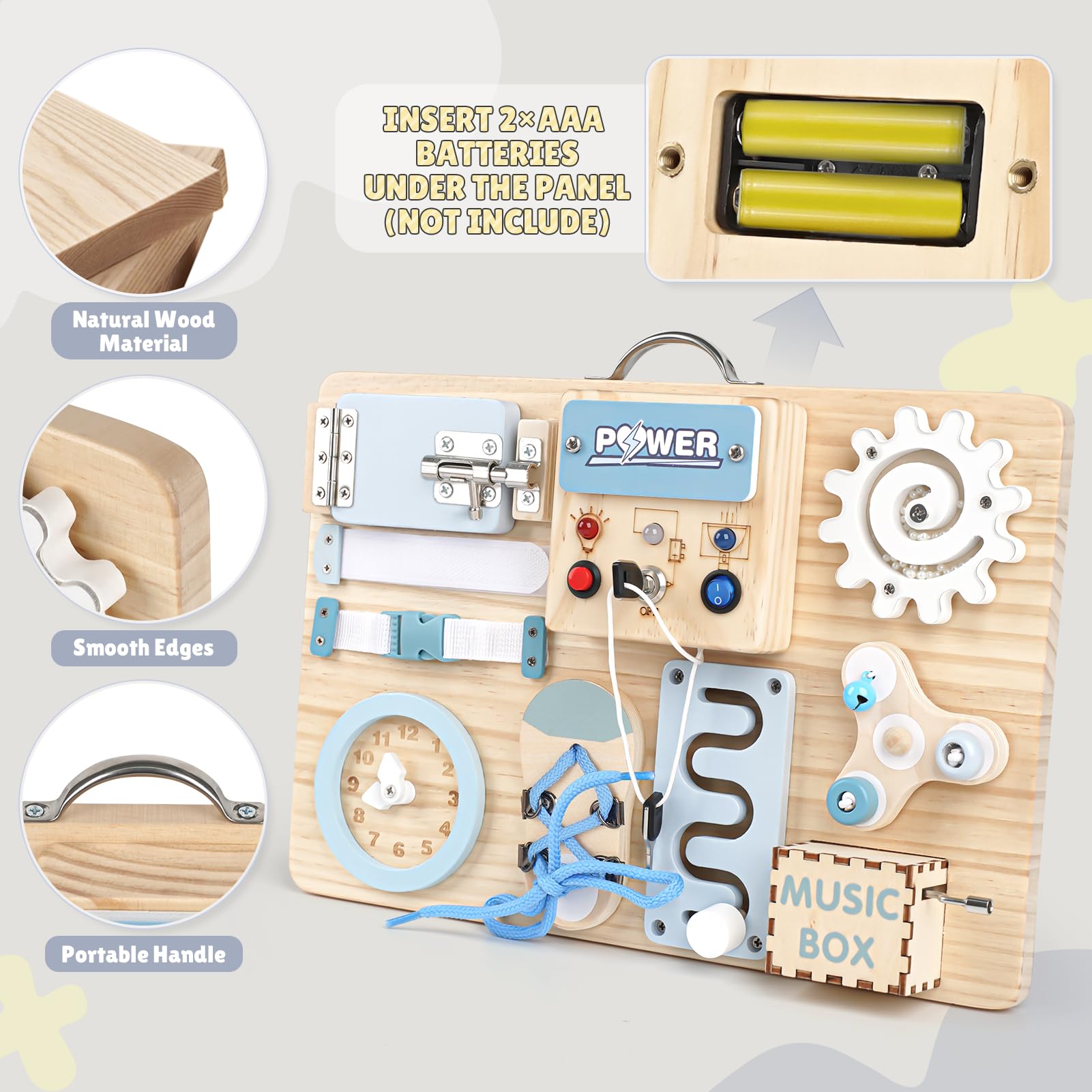 Joyreal Pannello Sensoriale Bambini Montessori - LED Busy Board Giochi Montessori Tavola Sensoriale Legno con Carillon Specchio Neonati Giochi Educativi Regalo