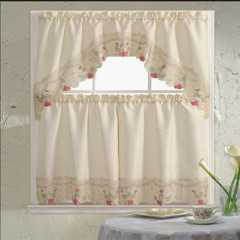 B&H Home Rachel Floral Embroidered 3Piece Kitchen Curtain