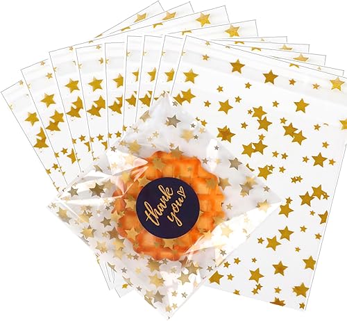 Miniatura 210 de COQOFA 100 bolsas de regalo de estrella rosa de 7 x 12 pulgadas, bolsas de regalo de celofán, bolsas de regalo de fiesta, bolsas de plástico Rosado