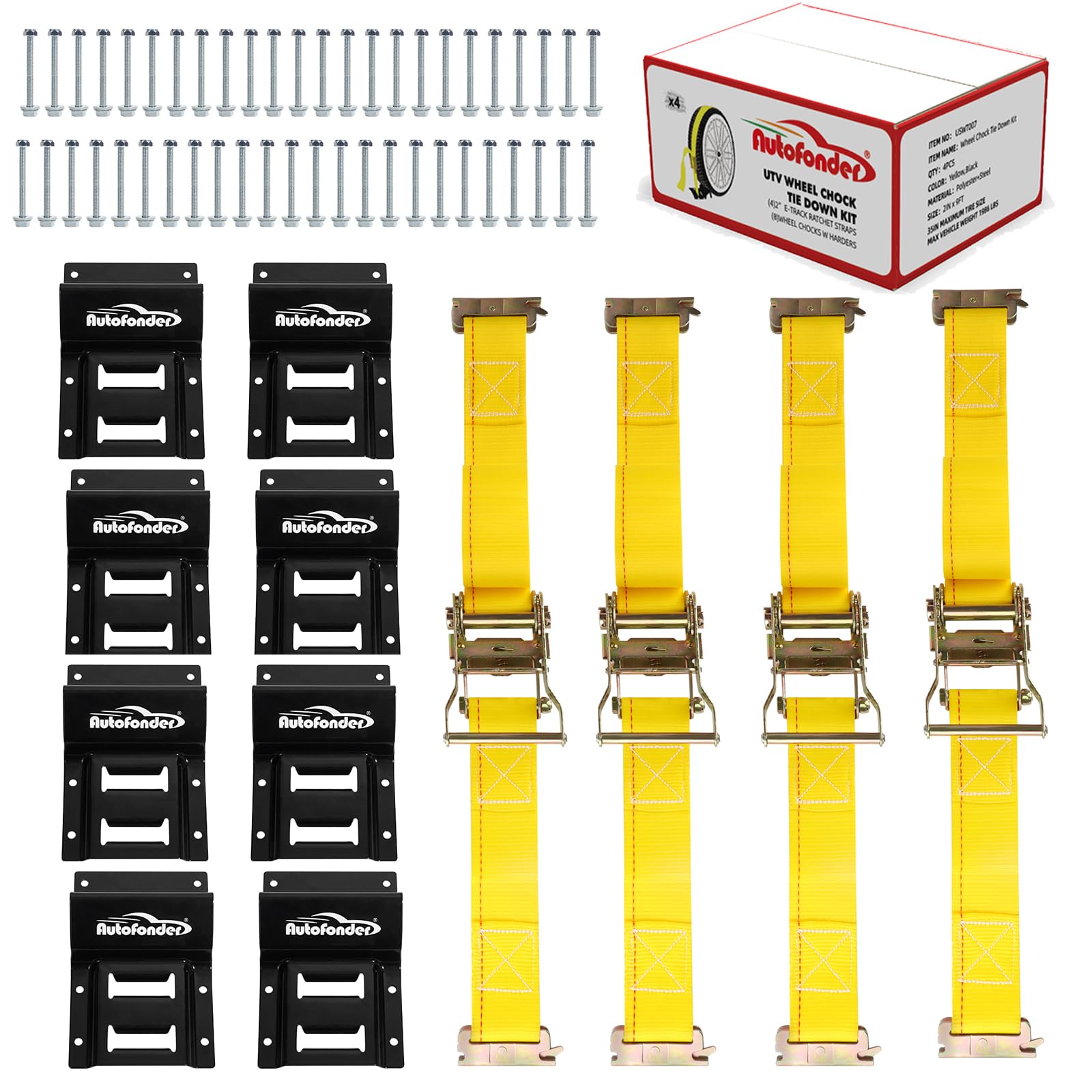Autofonder Vehicle Wheel Chock Tie Down kit 4500lb Break Strength Ultimate Heavy Duty Trailer Tire Straps System for ATV,UTV,Lawn Mower
