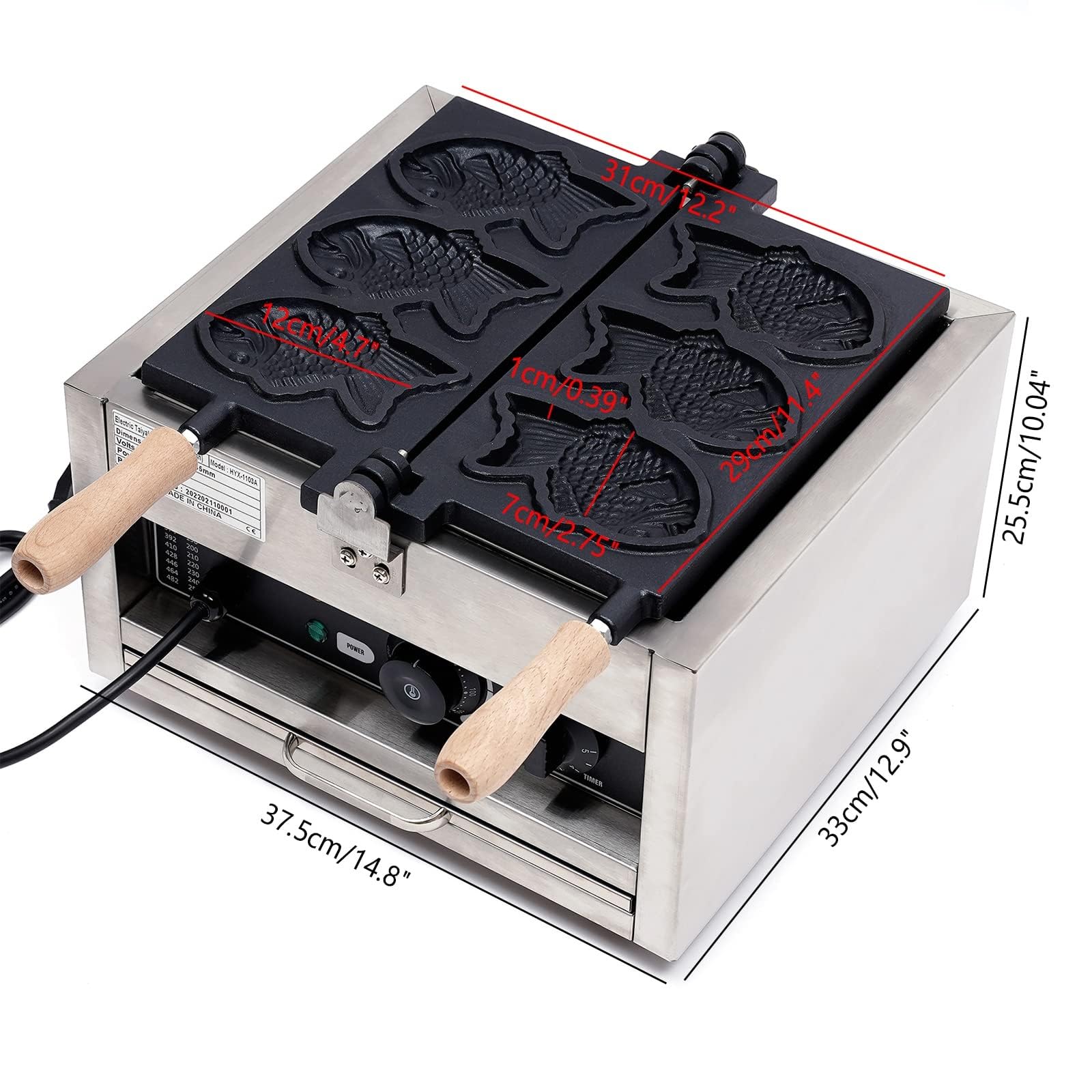 Elektryczna gofrownica do gofrów Taiyaki, 1400 W, 3 sztuki, japońska, z powłoką zapobiegającą przywieraniu, dwustronna, grzanie 180°, obrotowa gofrownica do restauracji i barów szybkiej obsługi