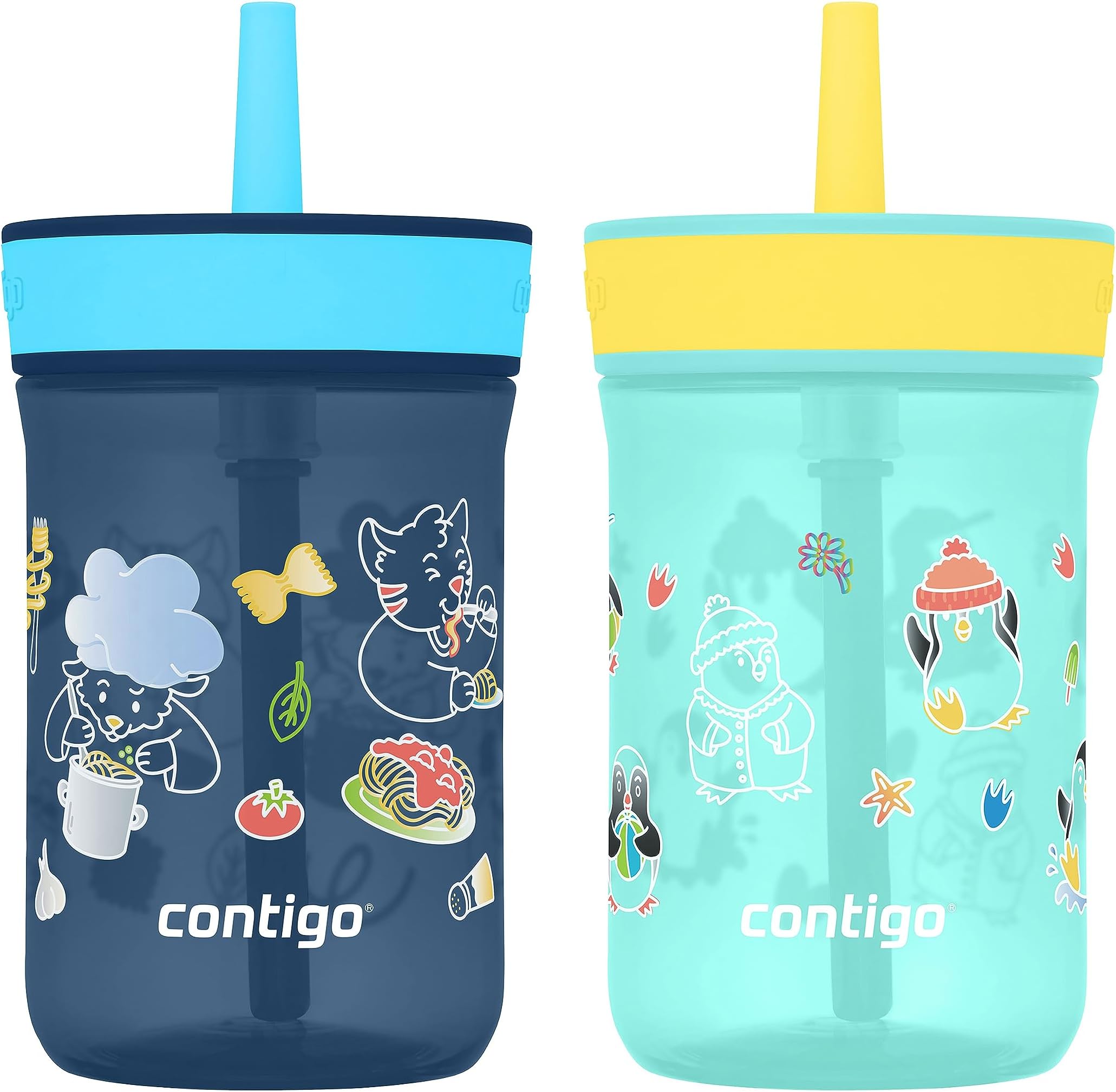 Contigo Leighton Kids Plastic Water Bottle, Spill-Proof Tumbler with Straw for Kids, Dishwasher Safe, 14oz 2-Pack, Blueberry/Spaghetti & Jade/Penguin