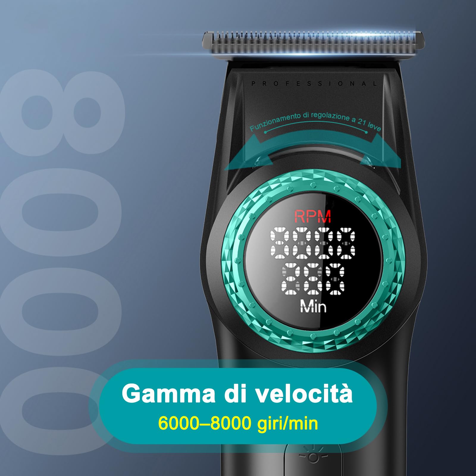 VGR 977 Tagliacapelli Professionale per Uomini, Trimmer a Lama T da 8000rpm, Senza Fili con Gap Zero, Ricaricabile con Display LED, Nero