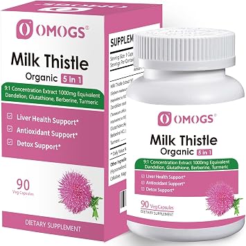 OMOGS Organic Milk Thistle, Herbal Liver Support Milk Thistle Supplement, with Dandelion Root, Glutathione, Berberine HCL &Turmeric, Support Liver Cleanse Detox & Repair, 90 Capsules