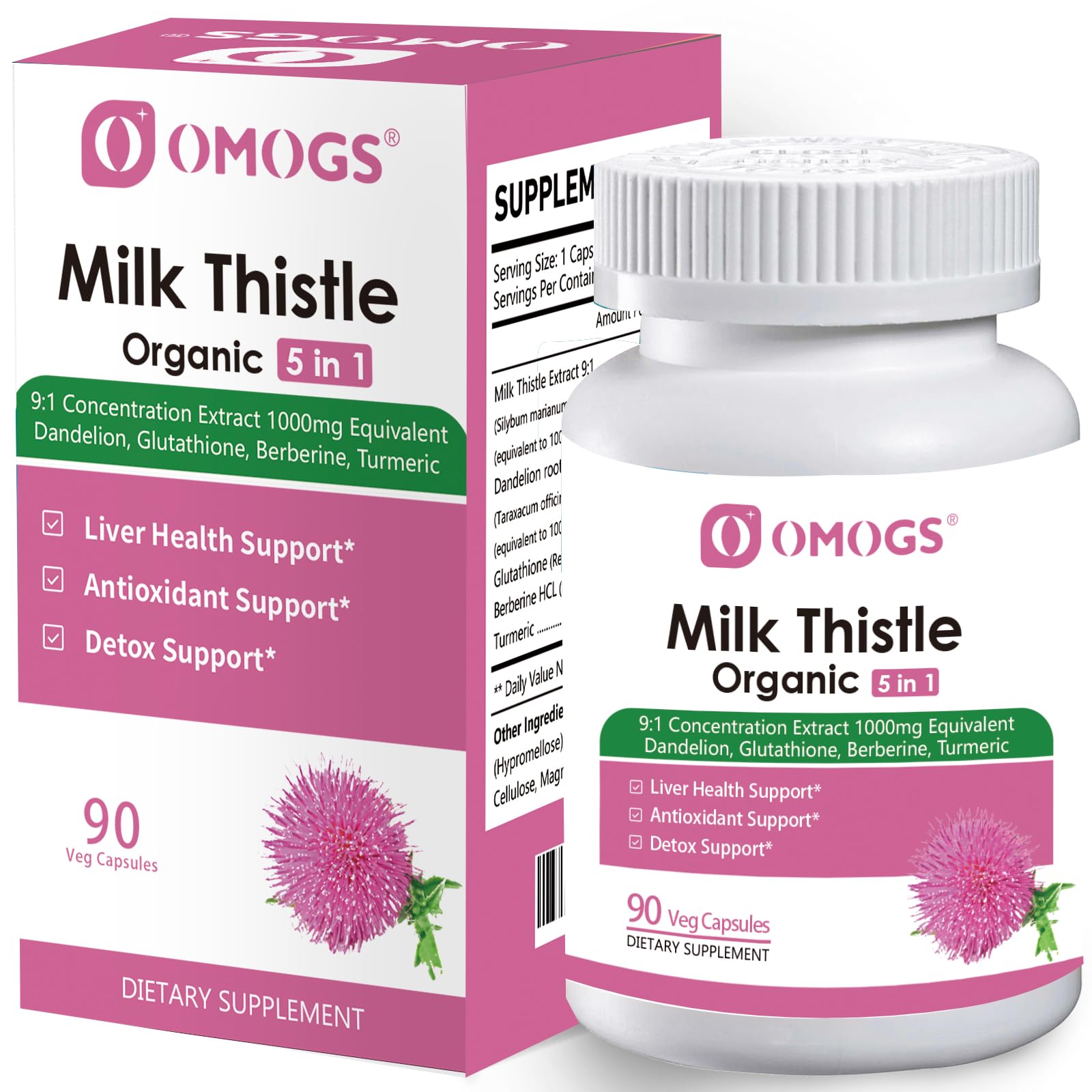 OMOGS Organic Milk Thistle, Herbal Liver Support Milk Thistle Supplement, with Dandelion Root, Glutathione, Berberine HCL &Turmeric, Support Liver Cleanse Detox & Repair, 90 Capsules
