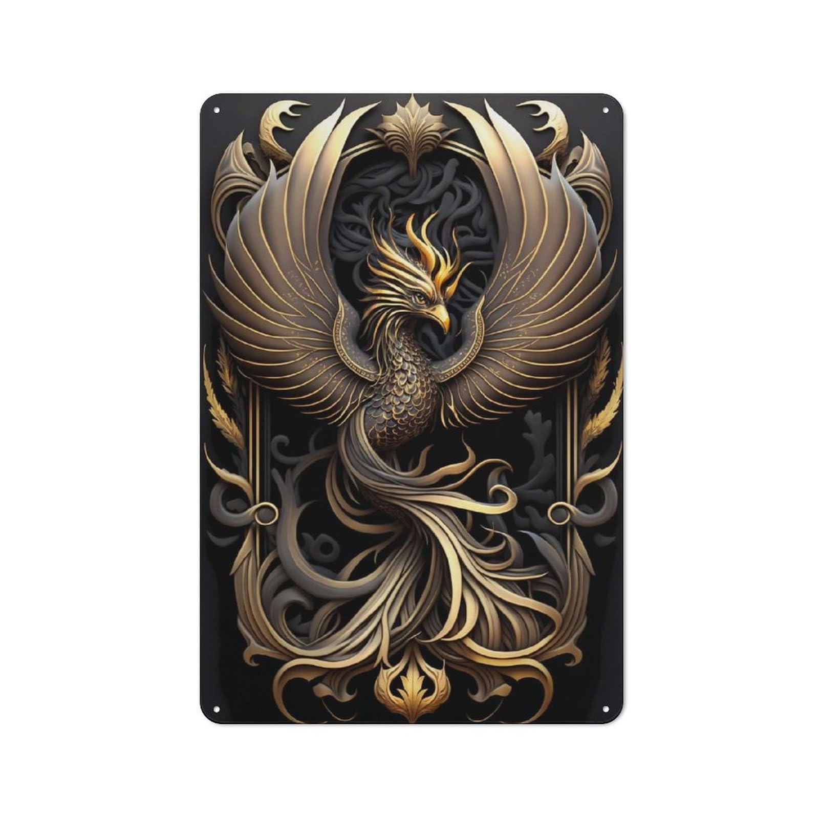Junmoney Style-12 Vintage Tin Wall Sign 30X20cm Featuring Fire Phoenix Golden Art, Room Wall Plaque For Flat, Dorm Room, Lounge Or Cafe