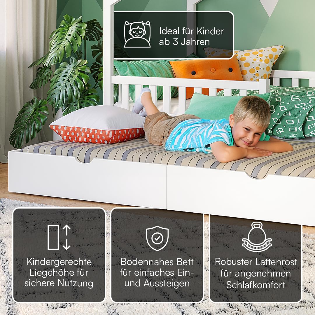 Bellabino Vils Kinderbett 90x200cm, Gästebett & Hausbett, Massivholz Kiefer | Weiß, Kinderbett mit Rausfallschutz & Lattenrost, Montessori-Bett, massives Kieferholz, Bett für Jungen & Mädchen, Bettrahmen