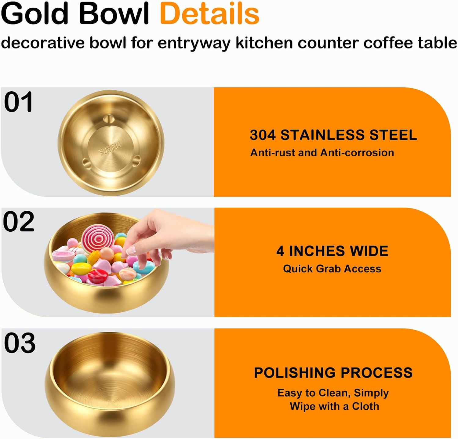 4 Inch Gold Decorative Bowl, Stainless Steel Key Bowl