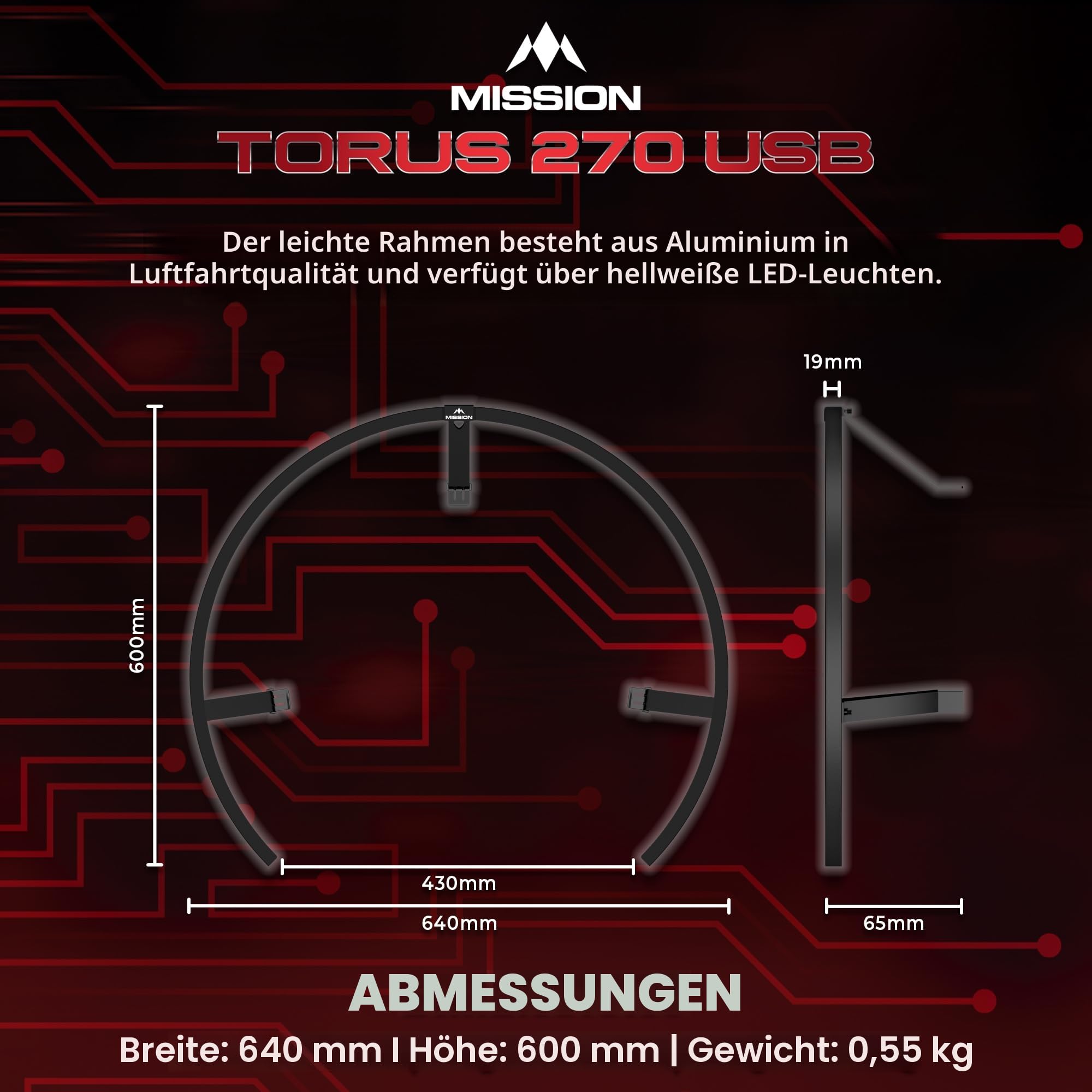 Mission Darts TOR270 Torus 270 | Dartscheibe LED Beleuchtungssystem mit leicht zugänglichem Bereich für uneingeschränktes Spielen, sandgestrahlt schwarz