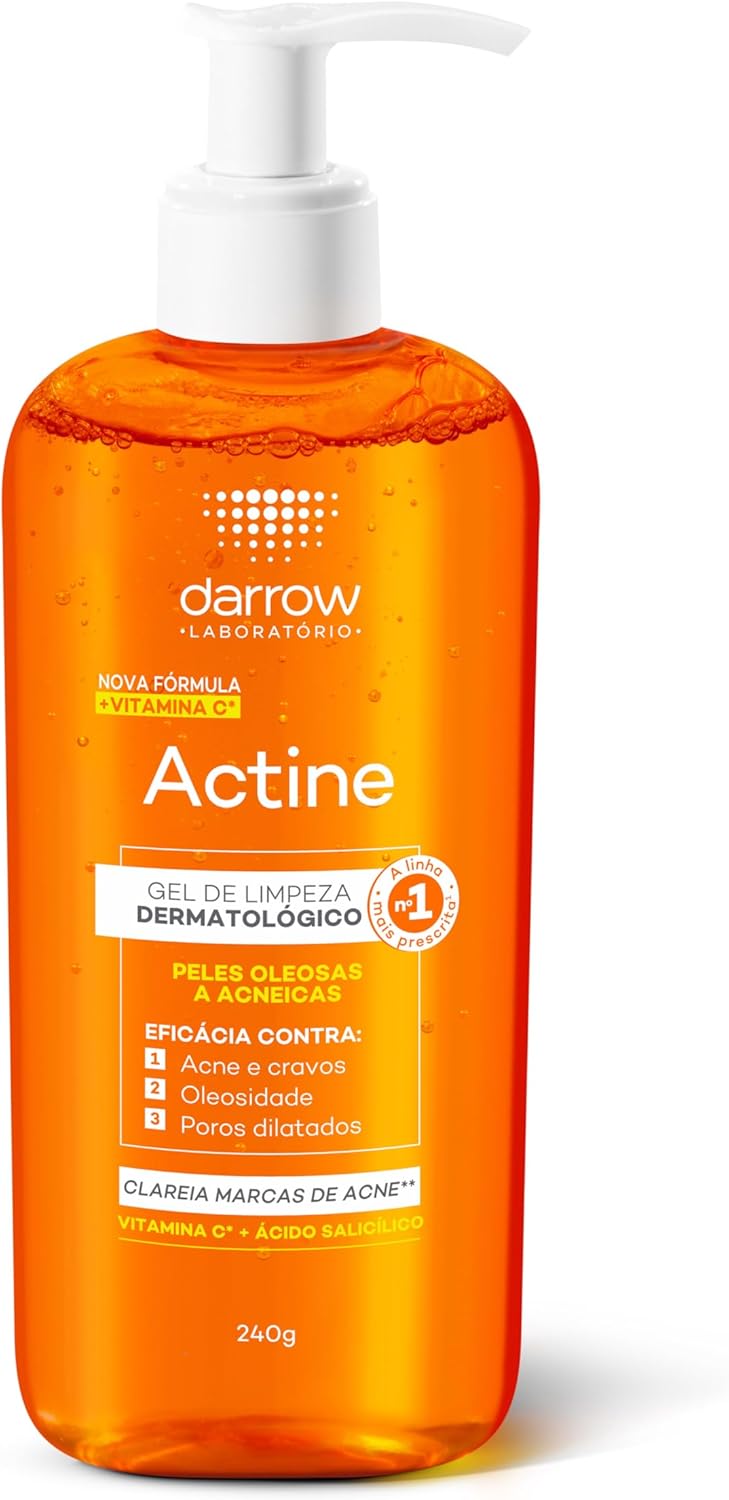 Darrow Actine Gel de Limpeza Dermatológico Facial com Ácido Salicílico, Vitamina C e Lactato de Mentila, Redução de 86% da Acne e -90% Oleosidade Imediatamente, 240g