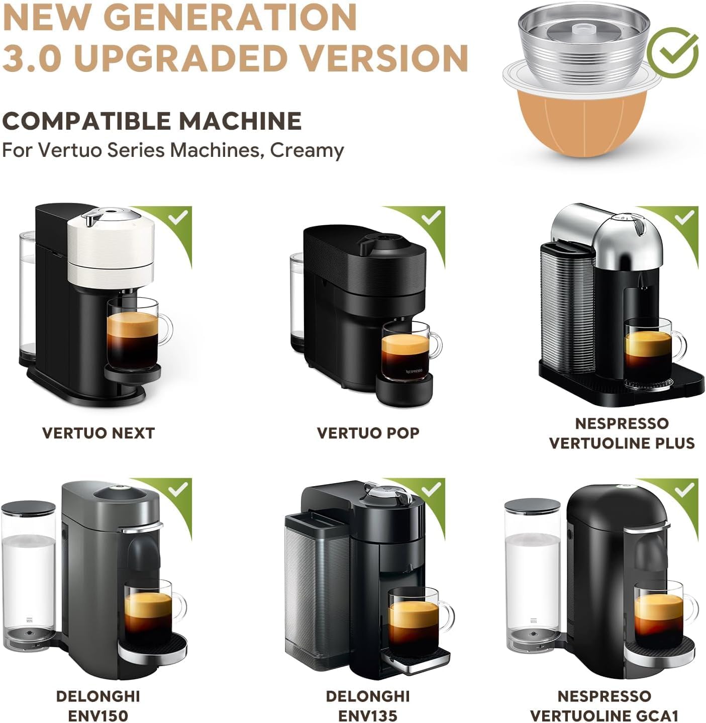 Stainless Steel Metal Coffee Capsule Compatible for VERTUO NEXT Machine Coffee Pods For N-espresso Reusable Pods Holder (1 Metals Capsule +230ML Gold Plastic Capsule Shell +1 Spoon +1 Brush) image 2