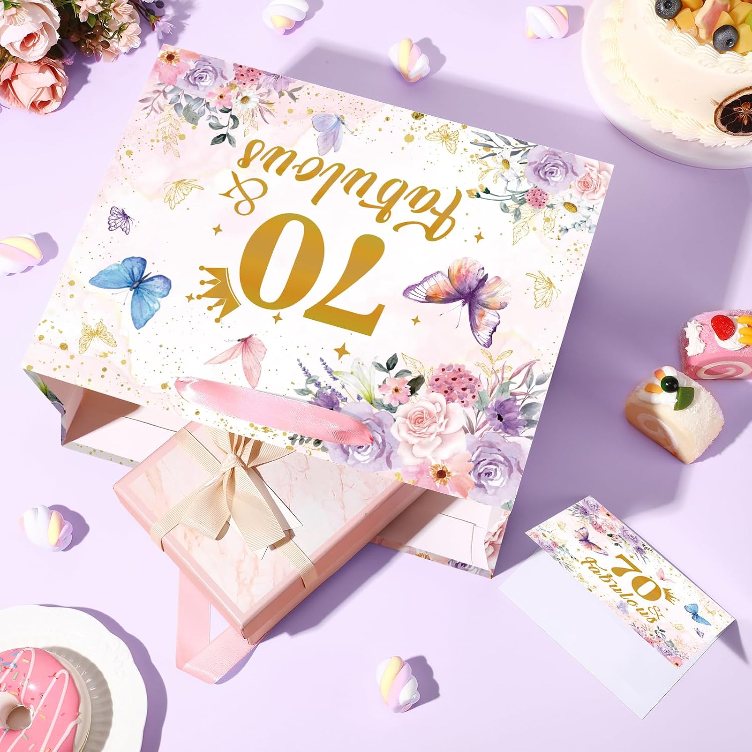 TagreSpike 70th Birthday Gift Bag Floral Butterfly Party Favor Bag with Tissue Paper and Greeting Card Purple 70 & Fabulous Wrapping Paper Bags for Women 70th Birthday Anniversary Party Supplies