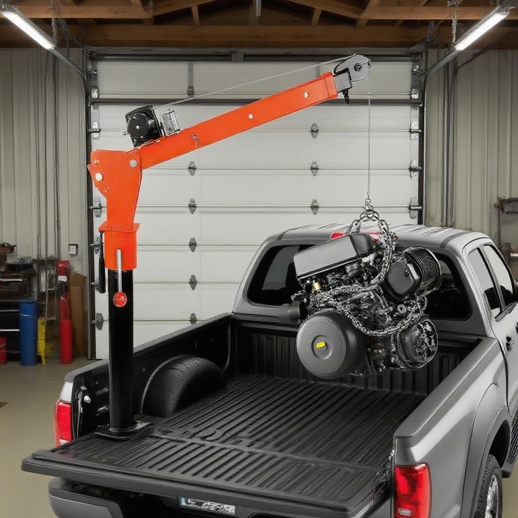 1100lbs Load Davit Crane & Truck Bed Crane Hoist, 12V 3500Lbs Electric Winch, Foldable Pickup Truck Crane for Factory Equipment Handling