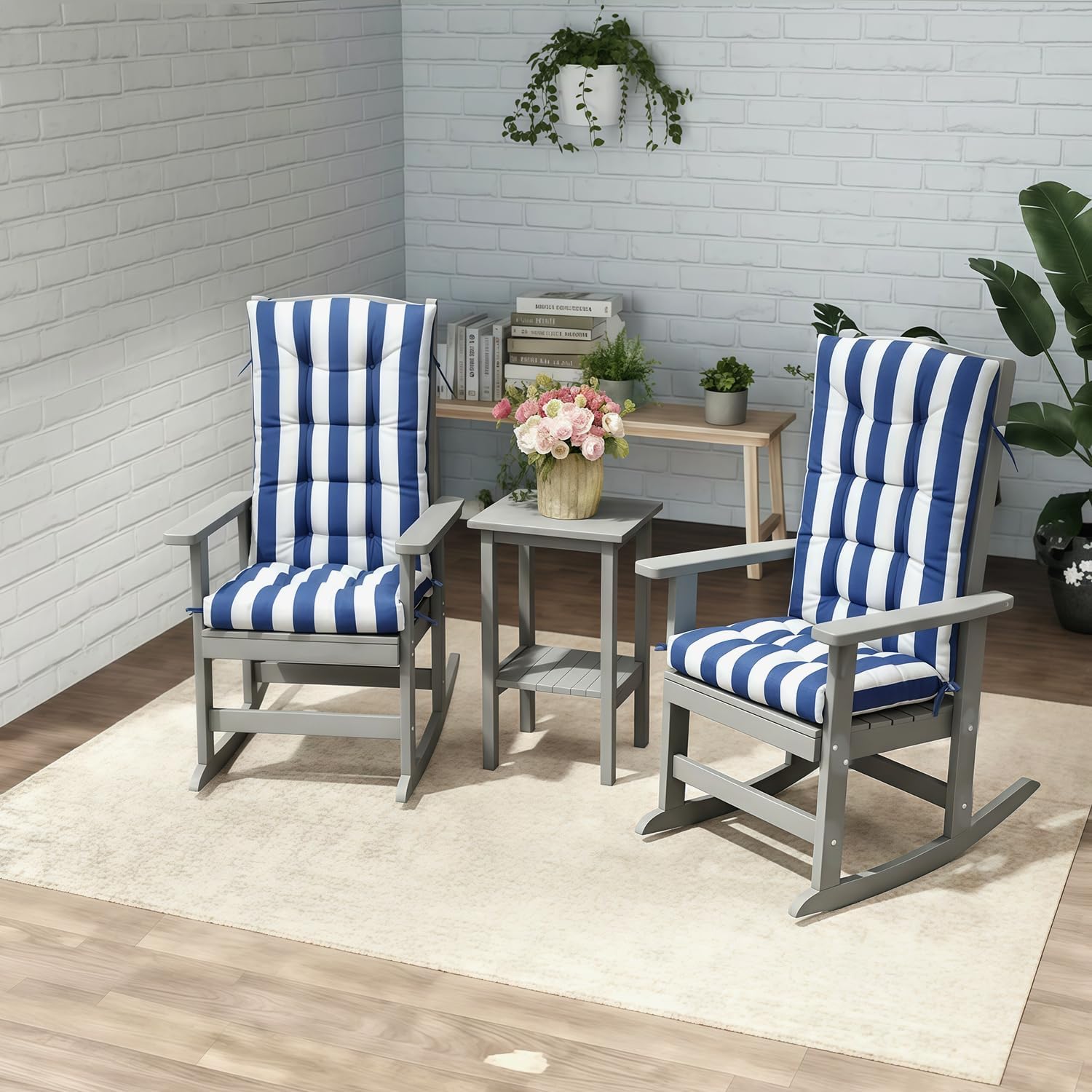 NAVINE Adirondack Chair Cushion Set of 2, Anti-Slip High Back Rocking Chair Cushion with Ties, Water Resistant Patio Chair Cushion for Indoor and Outdoor, Stripe Navy Blue.
