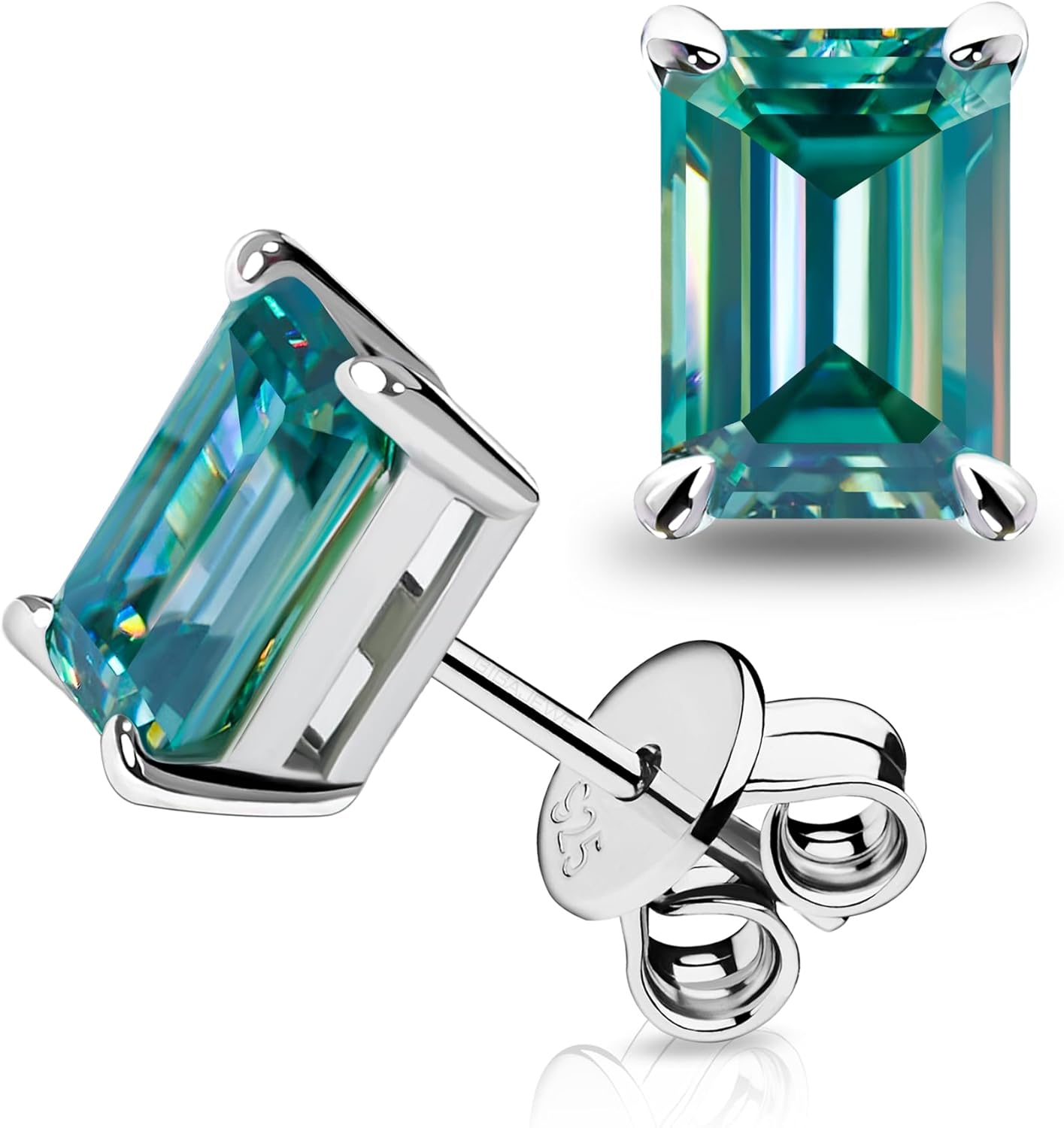 GIGAJEWE Blue Green Color Moissanite Stud Earrings Radiant Cut Moissanite Earrings 2.0ct/pair,18K Gold Plated 925 Steling Silver, Stud Earrings For Women