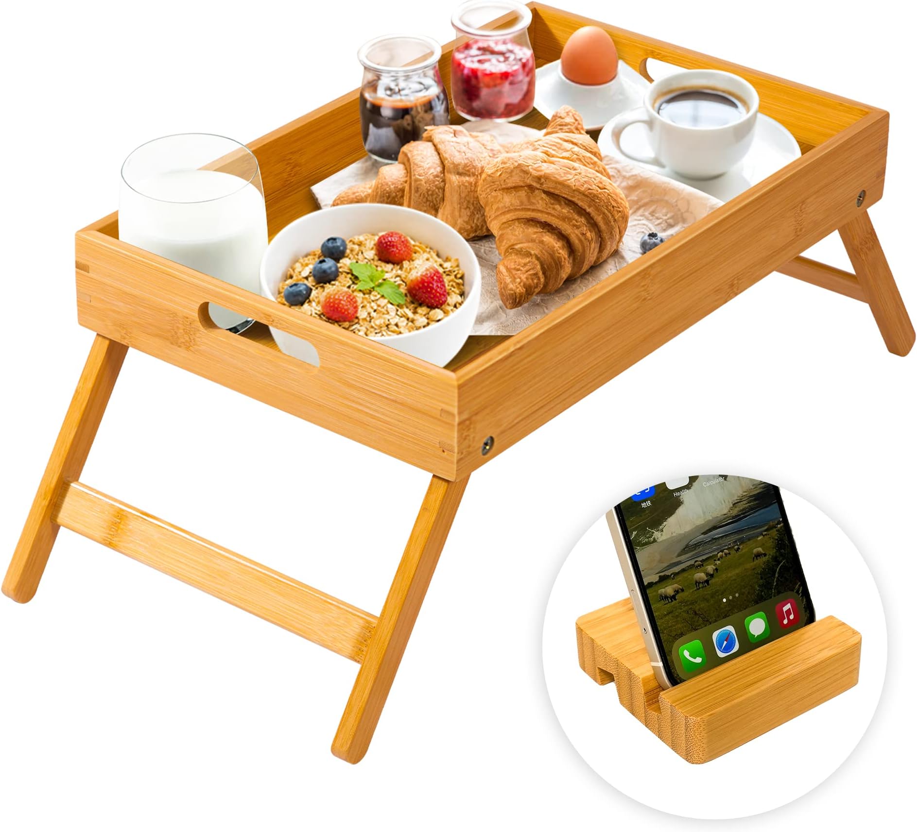 Bellsal Small Bed Tray Table with Folding Legs for Eating Serving Tray with Handles Food Tray Tables Comes with Phone Holder Portable Snack Platter for Bedroom Hospital Picnic