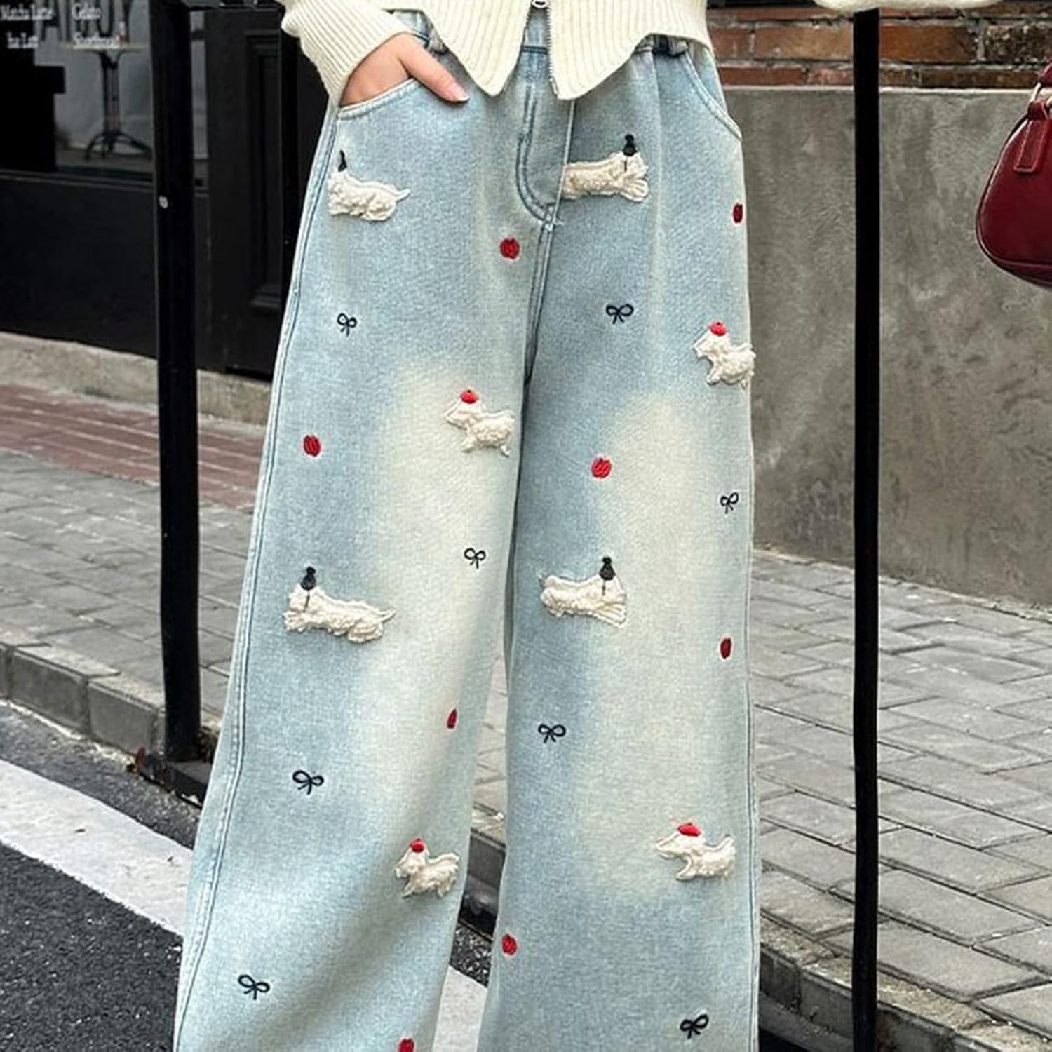 Girls Baggy Jeans Streetwear Denim Pants Distressed Elastic High Waist Wide Leg Pant Trousers with Pockets