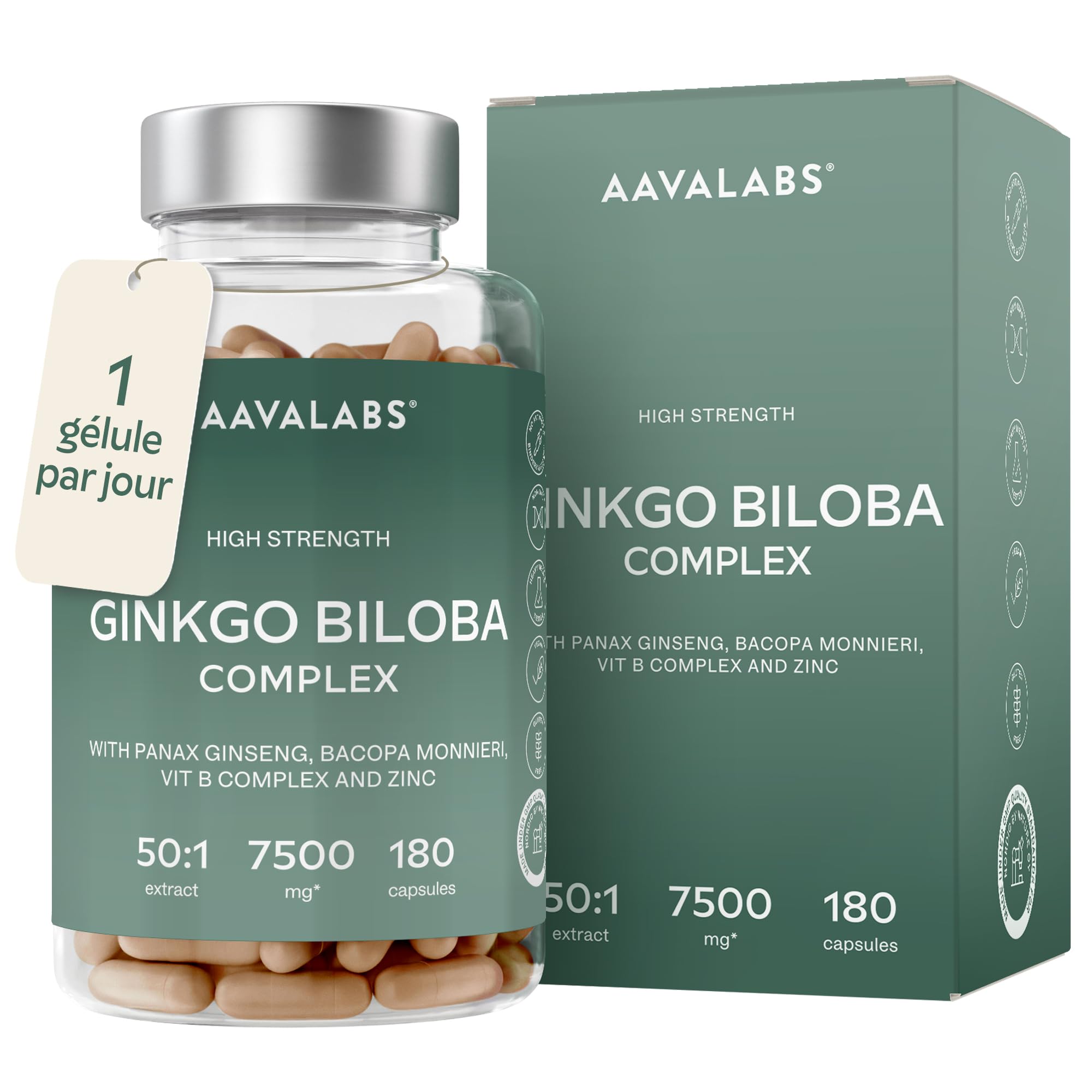 Ginkgo Biloba 7500mg 50:1 avec Panax Ginseng Rouge de Corée, Bacopa Monnieri, Zinc, Vitamine B Complex - Nootropique Puissant Circulation Sanguine, Memoire et Concentration, Energie - 180 Capsules