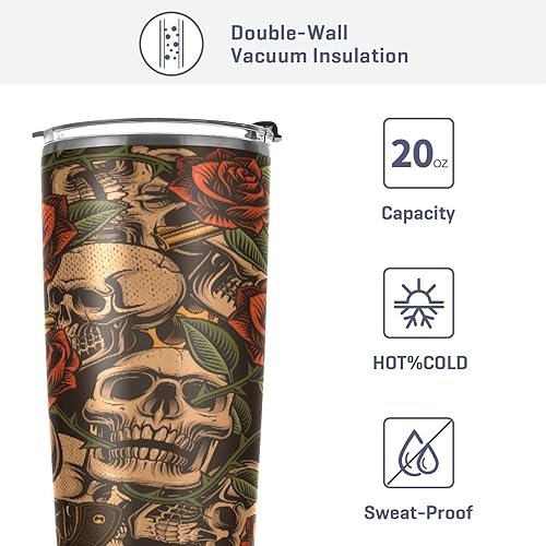 Miniatura 4 de MCHIVER Skulls Guns Roses - Vaso de viaje de 20 onzas, taza de café de acero inoxidable con doble pared, con tapa y popote aislado, sin BPA