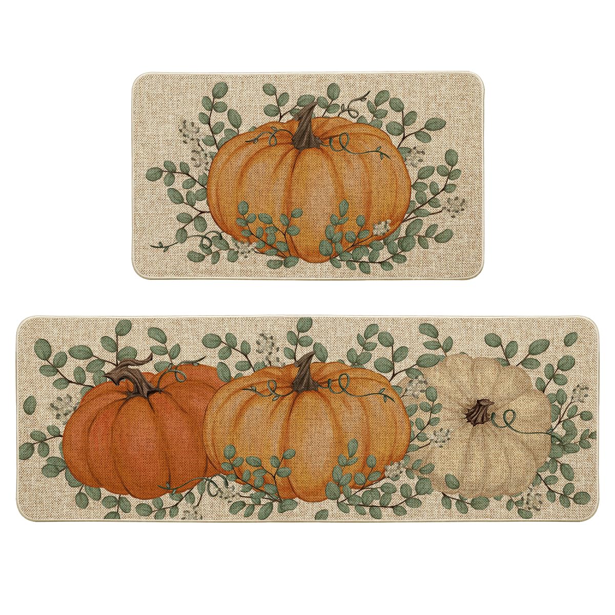 Artoid Mode Orange Pumpkin Eucalyptus Fall Kitchen Mats Set of 2, Autumn Home Decor Low-Profile Kitchen Rugs for Floor -(size unknown)