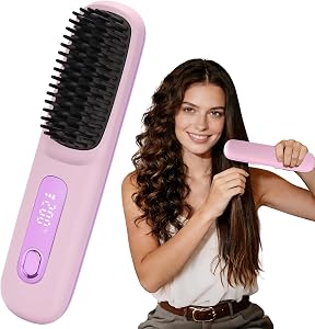 Upgrade 6400 mAh Cordless Hair Straightener Brush Portable Mini Hair Straightener with Long Battery Life, 2026 New Travel Rechargeable Professional Straightening Comb with Temperature Display for Women(Purple)
