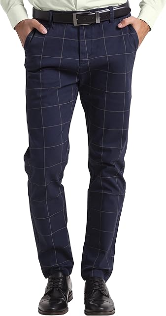 westAce Mens Check Formal Trousers Casual Slim-Fit Cotton Smart Office Business All Waist Full Pants (Navy, 30W / 30L)
