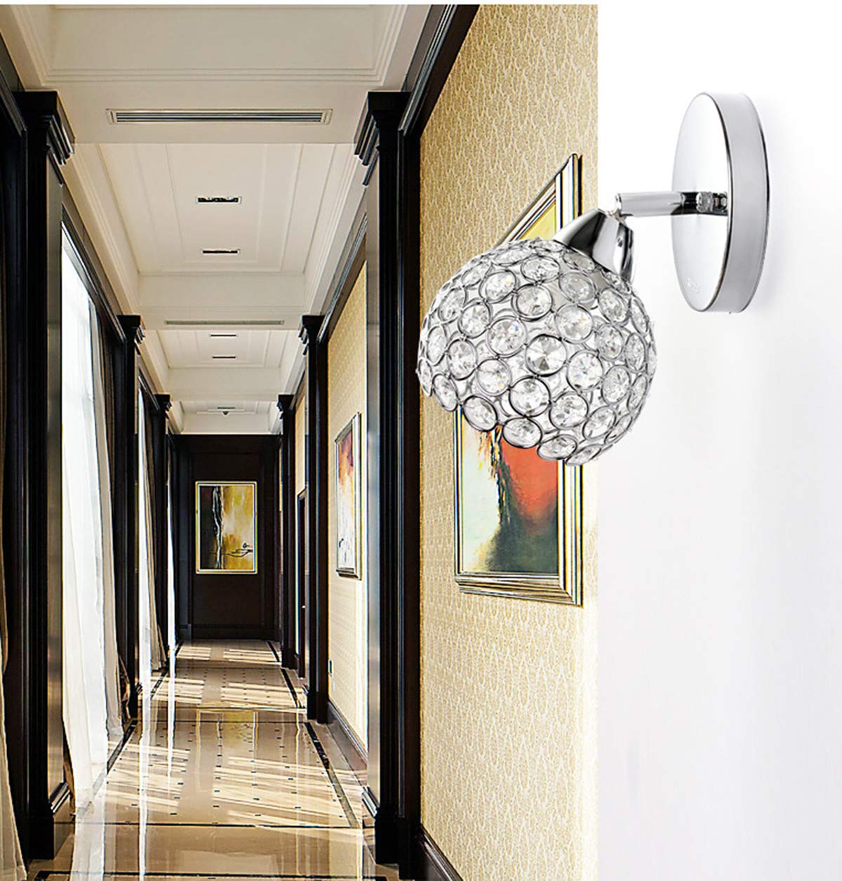 WXKAGF Lámpara de Pared Moderna de Cristal Cromado para Interiores, lámpara de Noche para Dormitorio con Pantalla Redonda, lámpara de Pared Decorativa Ajustable con Cuello de Cisne, iluminación