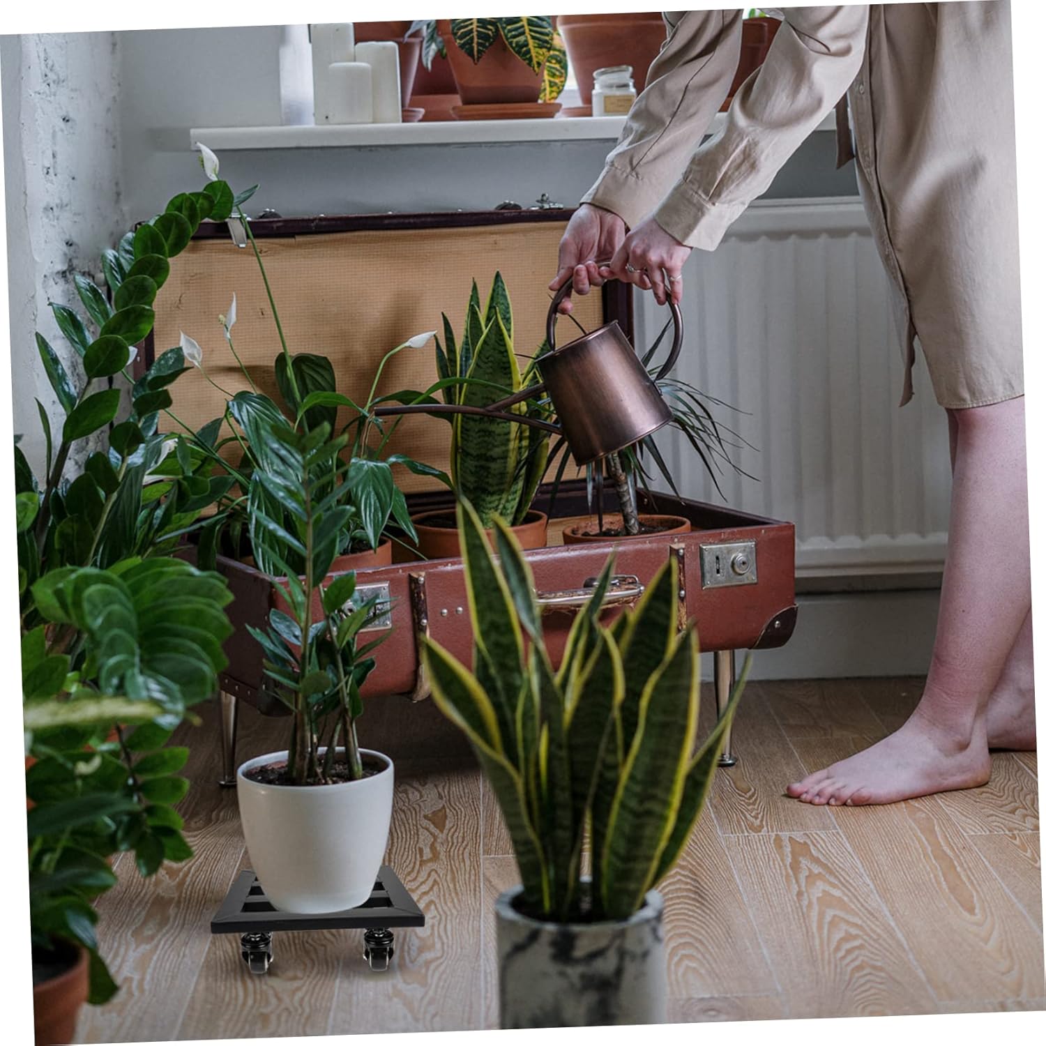 POPETPOP Outdoor Plant Pot Tray Wheels Iron Flower Pot Stand Plant Stand for Indoor Herb Garden