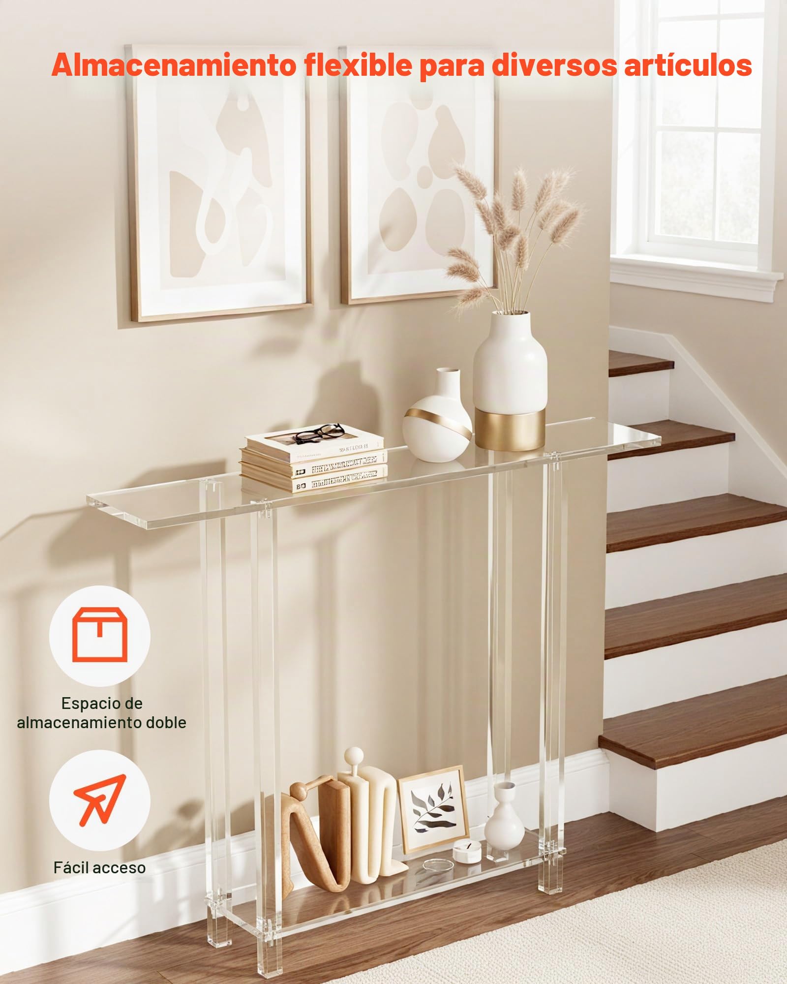VEVOR Mesa Auxiliar de Acrílico de 2 Niveles, Mesita Lateral Estrecha 19,3 x 100 x 80 cm, Mesita de Noche Rectangular Carga de 10 kg, para Recibidor, Pasillo, Sala de Estar, Entrada, Transparente