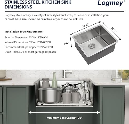 Miniatura 5 de Logmey - Fregadero de 23 barras de acero inoxidable de 23 x 18 pulgadas, fregadero de cocina de calibre 16 de calibre 16