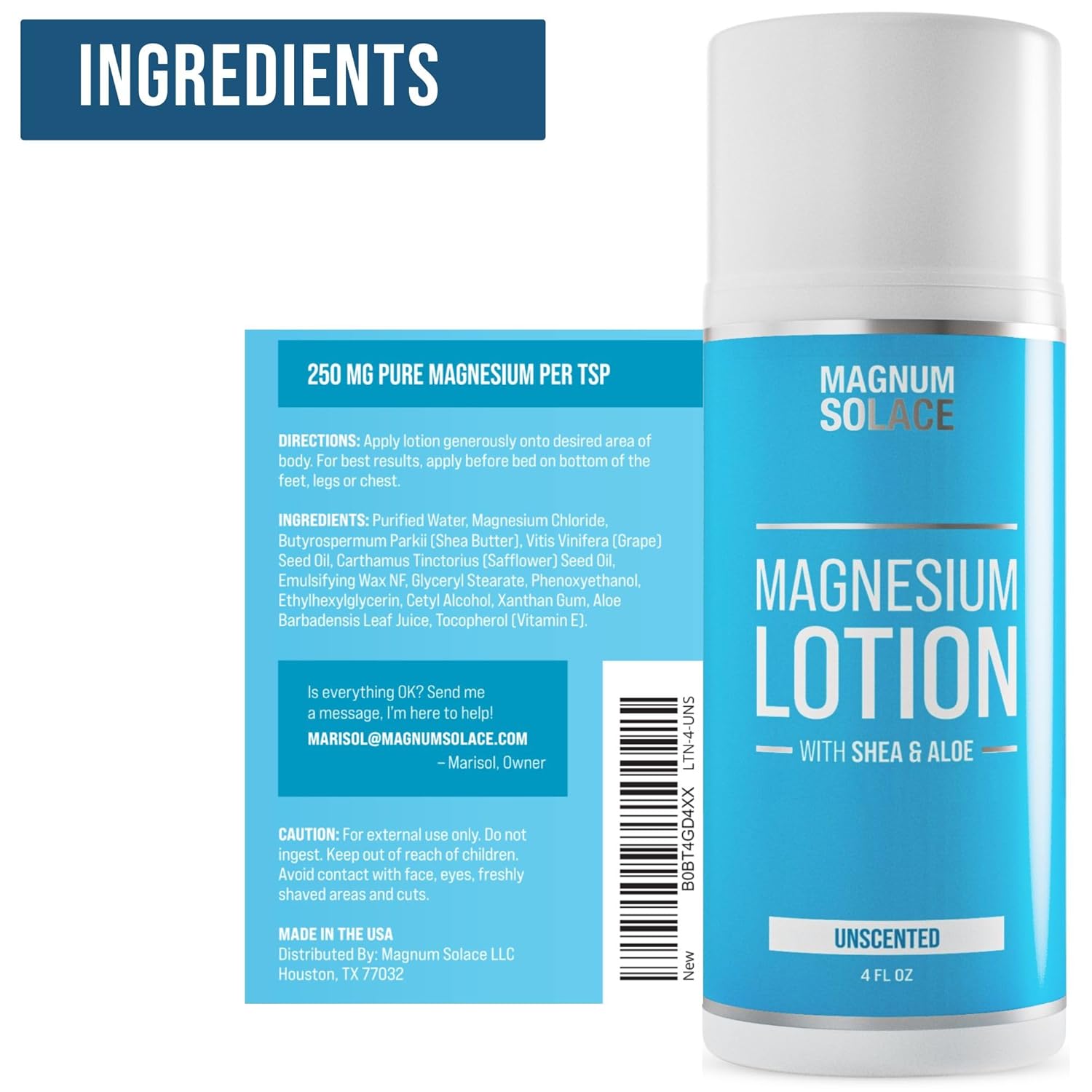 Magnum Solace Magnesium Lotion – Super Concentrated – Made with Aloe and Shea – For Leg Cramps, Sore Muscles & Joints, Rejuvenation – Safe for Kids, Made in the USA (Unscented)