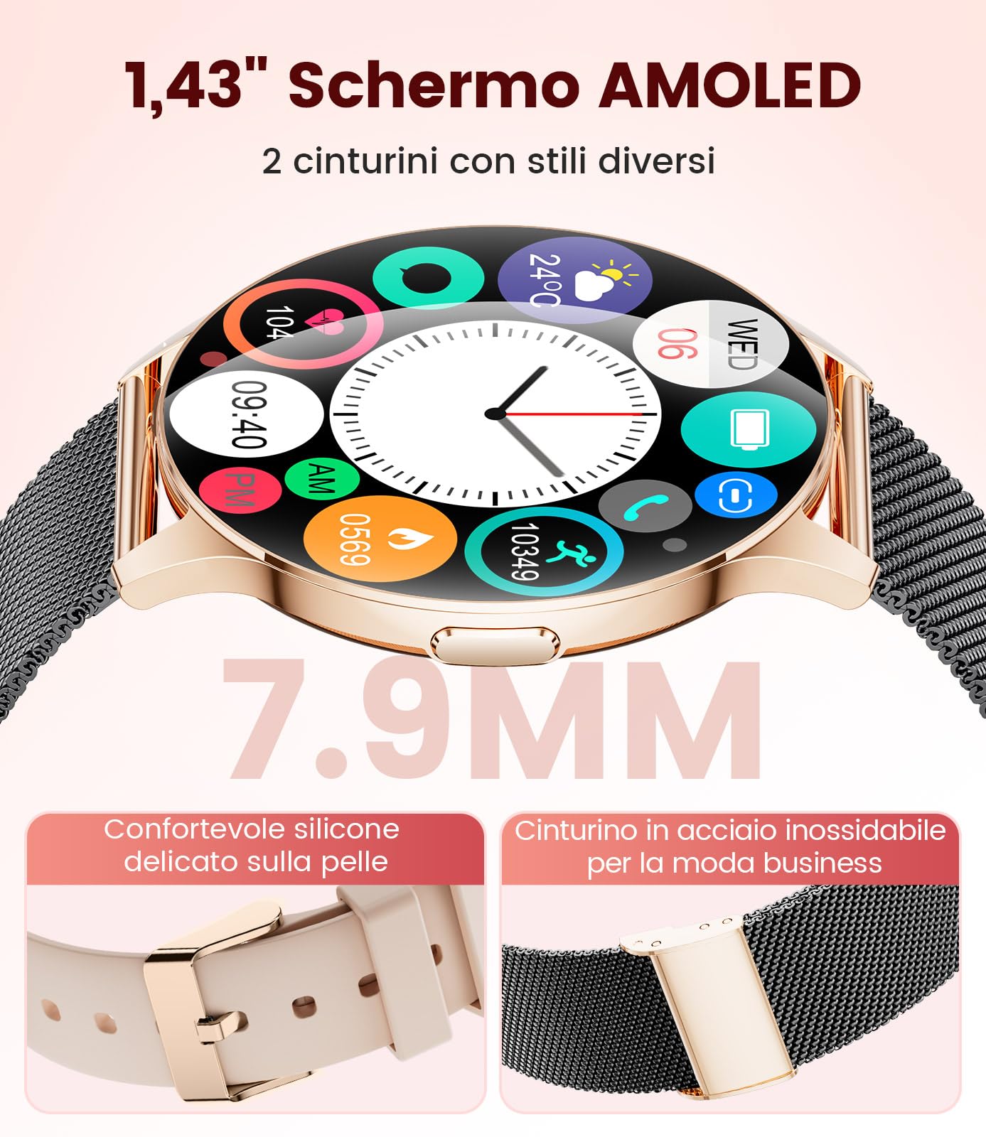 BENYAR SMART Smartwatch Donna 1.43" HD Schermo per iOS/Android, Nero | Monitoraggio Ciclo, Salute 24/7, Chiamate Bluetooth, 100+ Sport, IP68 Impermeabile, 300mAh Autonomia 7 Giorni, 2 Cinturino