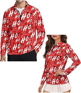 YEXIATODO Christmas Matching Couple Outfits Womens Golf Polo Shirts Mens Long Sleeve Golf Zipper Tops Xmas Outfits