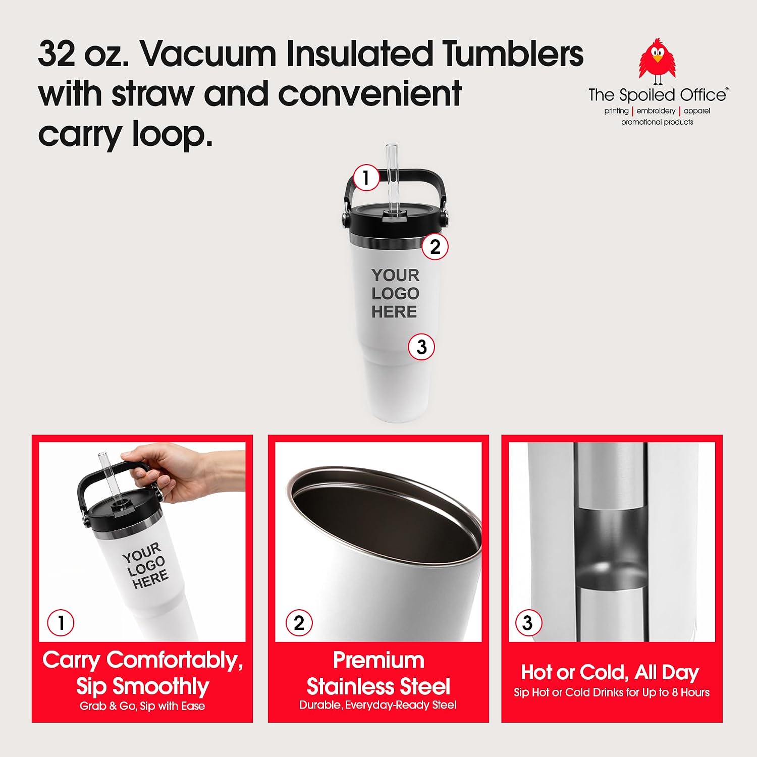 The Spoiled Office Custom Stainless Steel Tumbler with Straw & Top Handle 32 Oz, Set of 75 White – Personalized Printed Insulated Tumblers with Handles, Bulk Branding for Office, Travel, or Events