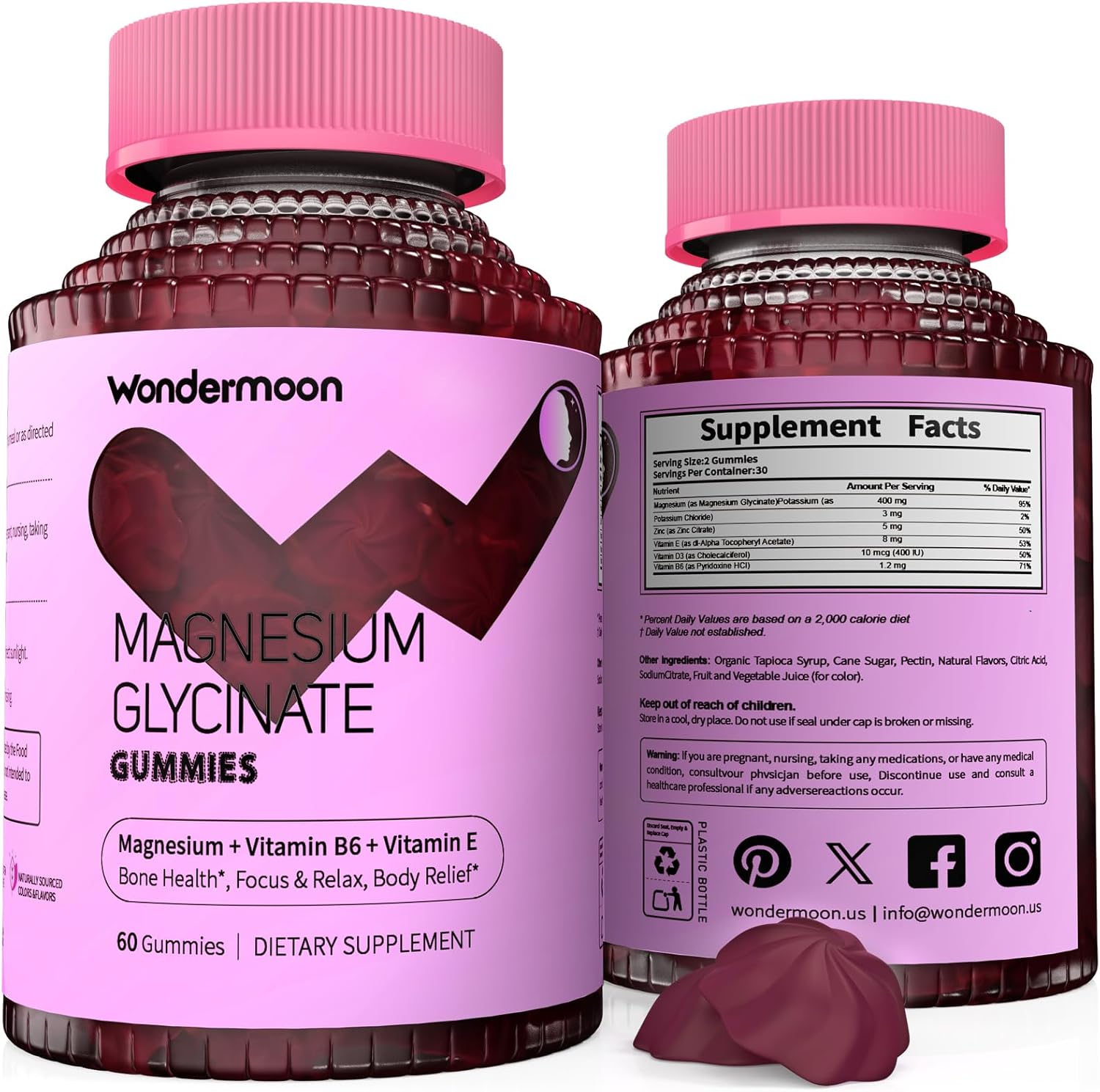 Wondermoon Magnesium Complex Gummies for Women with Vitamin D3, B6, Zinc & Potassium – Blueberry Flavor – Supports Relaxation, Muscle & Bone Health, 60 Count
