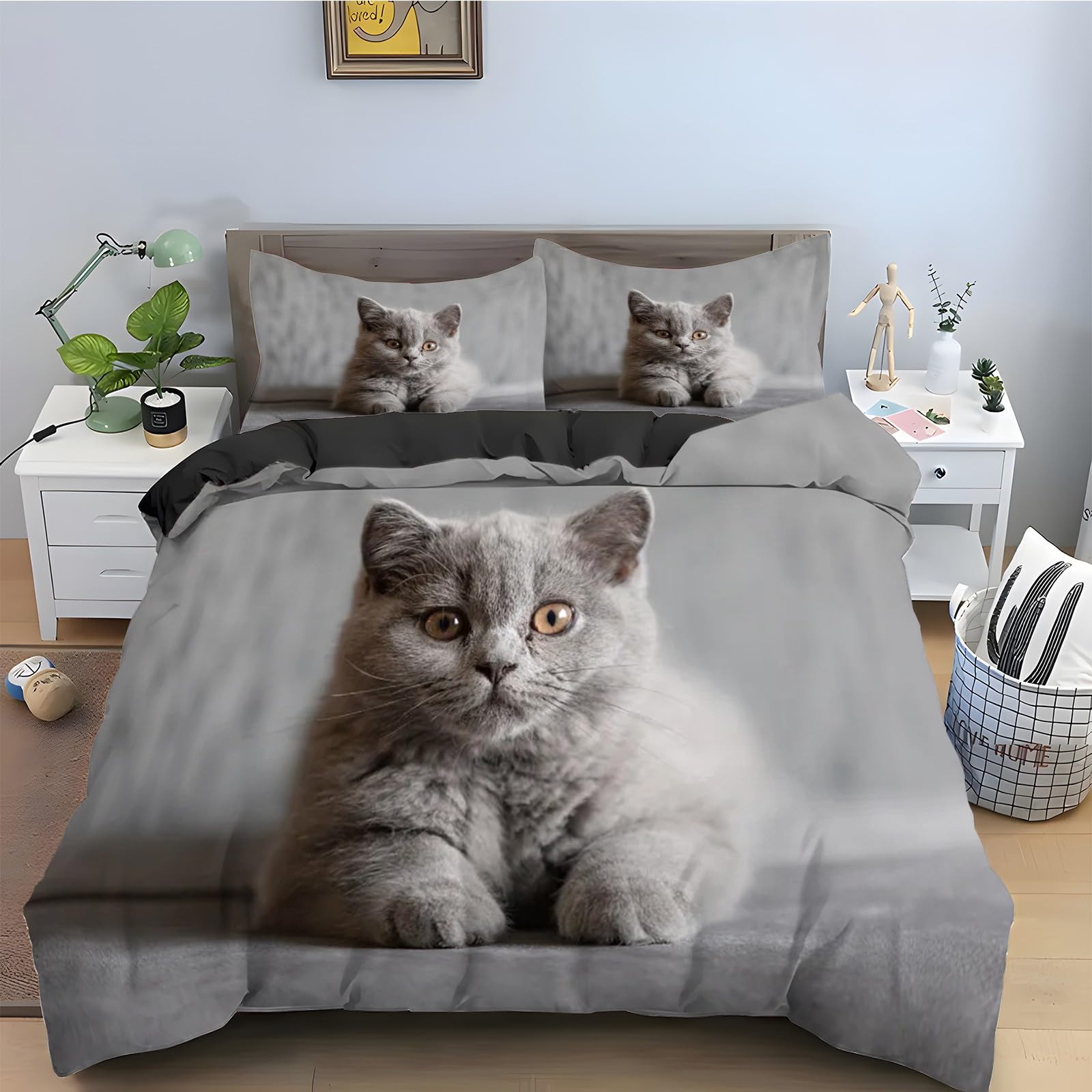 Housse de couette 200x200 chat gris en microfibre avec 2 taies d'oreiller