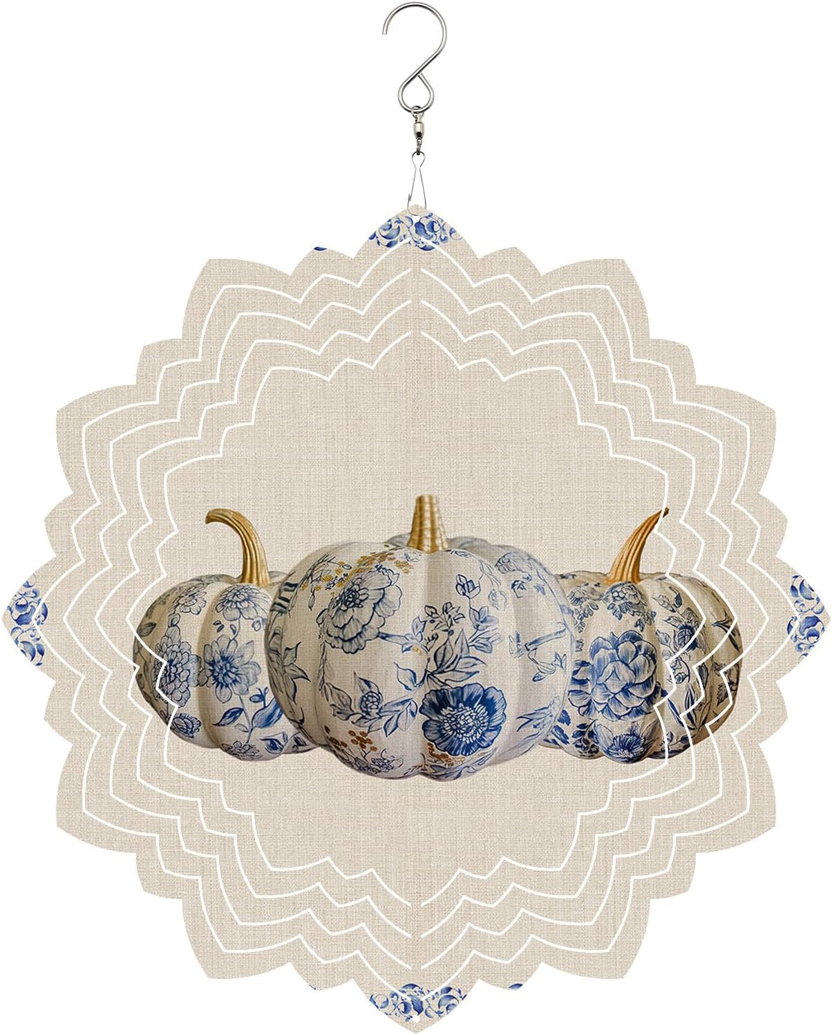 Blue White Pumpkin Wind Spinner 3D Stainless Steel, 12 in Lotus Shape Double Sided Circle Hanging Wind Spinners, Thanksgiving Fall Farmhouse Floral Garden Art Wind Sculpture for Yard Porch