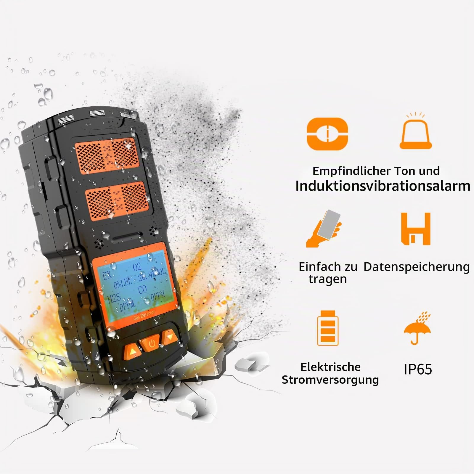 Tragbarer Gasdetektor, Wiederaufladbarer 4-Gasmonitor EX H2S CO O2 mit digitalem LCD-Display, Ton-Licht-Vibrationsalarm, persönliches 4-in-1 Gasmessgerät, Gastester-Analysator