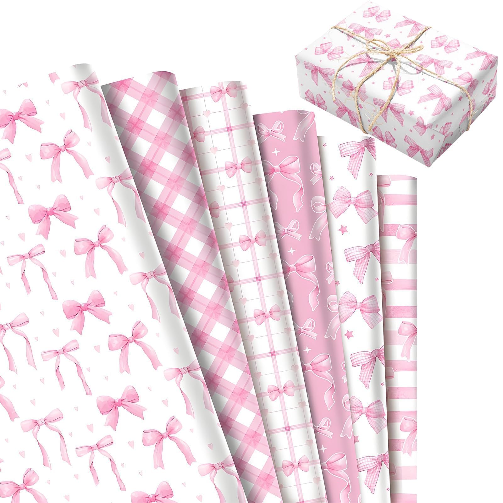 6 Pcs Pink Bow Wrapping Paper, Cute Pink Wrapping Paper with Six Styles for Mother Day Valentine's Day Birthday Baby Shower Party Girls Birthday Multi-Purpose Use