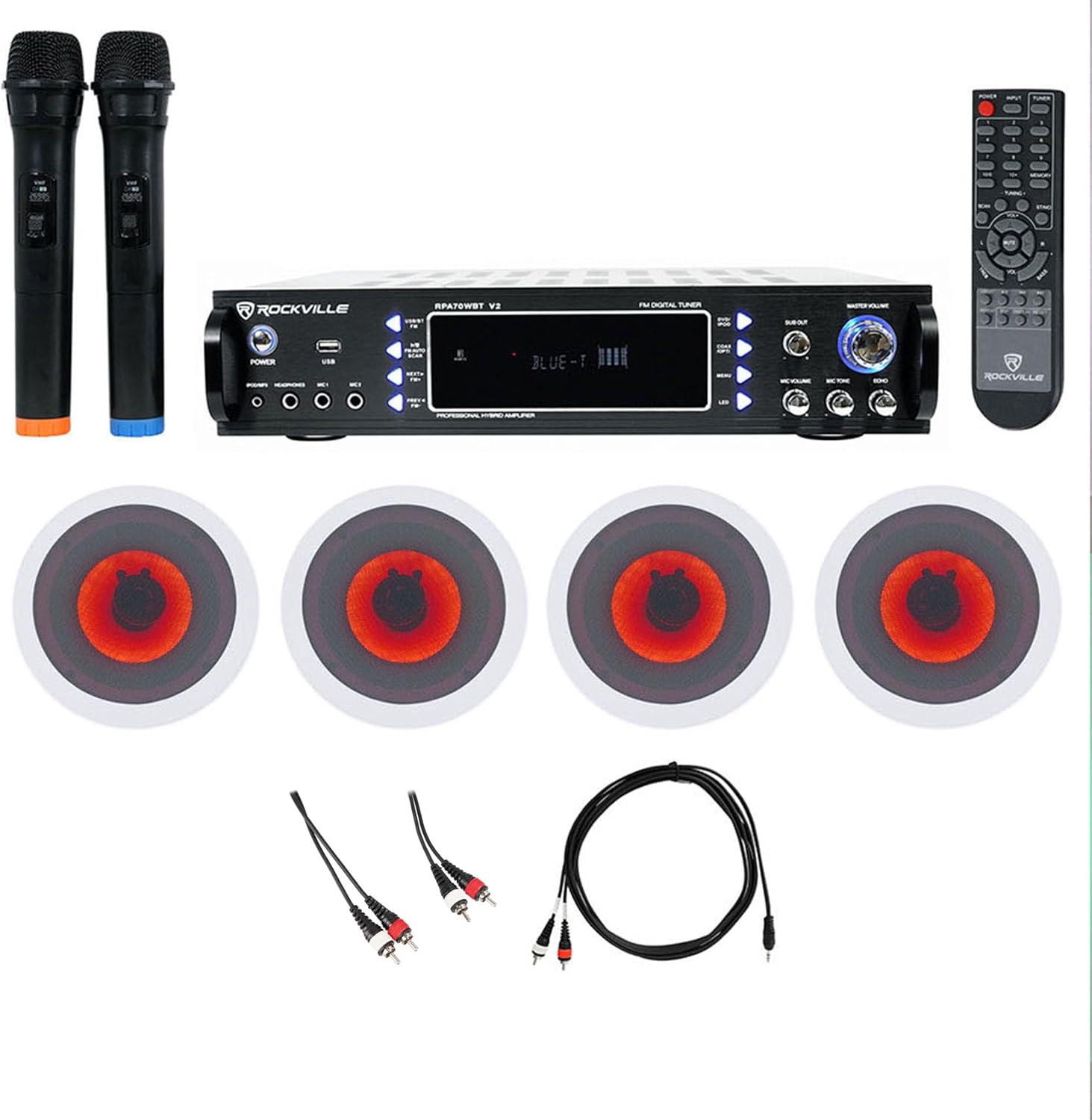 Rockville Complete Karaoke System Bundle - 1000W Bluetooth Amplifier + 4 LED Speakers + 2 Wireless Mics + Cables - 7-Piece Professional Audio Kit