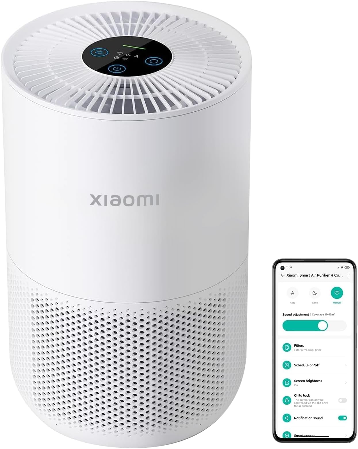Xiaomi Smart Air Purifier 4 Compact for Home Bedroom, 48㎡ Coverage, 20dB Ultra Quiet HEPA Filtration, App Control, White