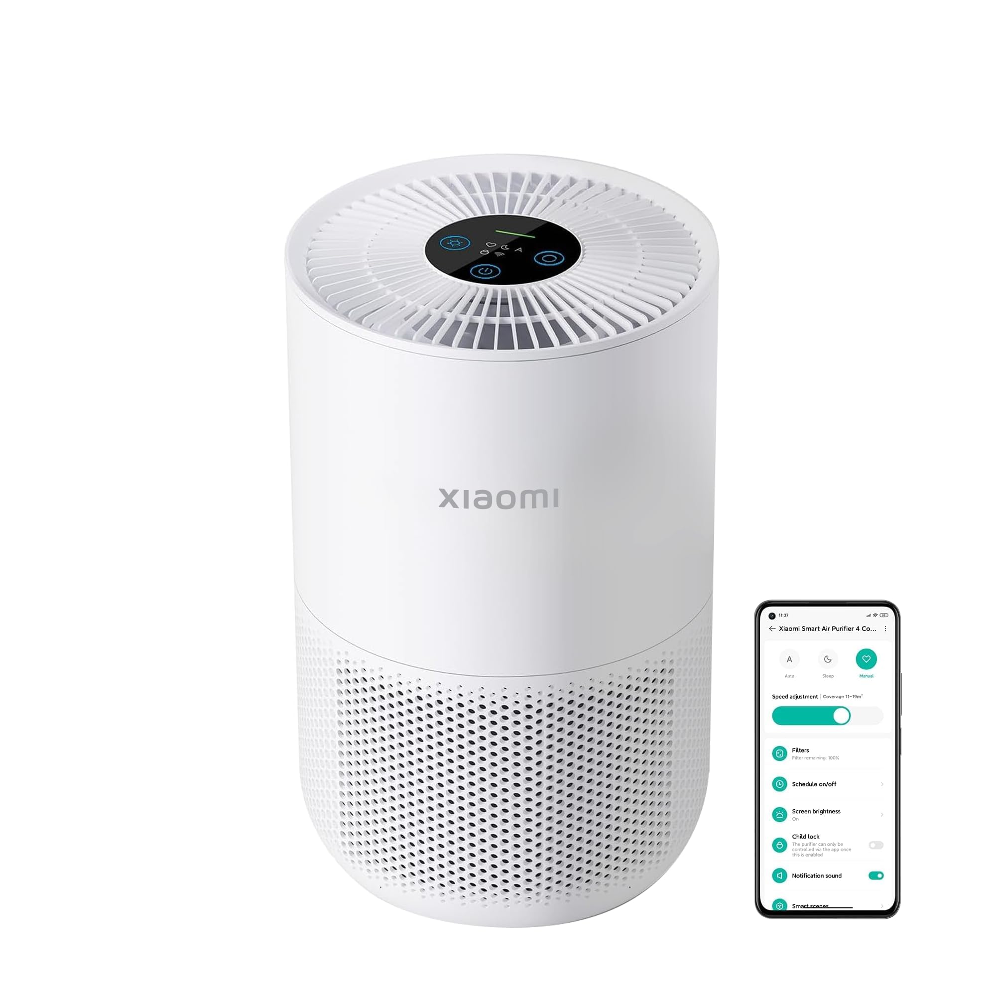 XIAOMISmart Air Purifier 4 Compact for Home Bedroom, 48㎡ Coverage, 20dB Ultra Quiet HEPA Filtration, App Control, White