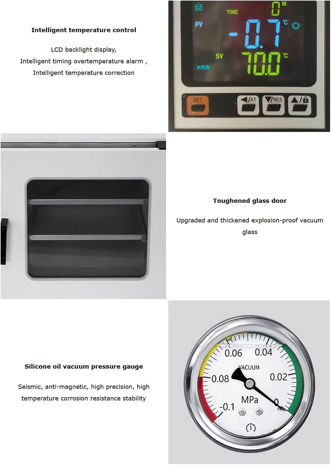 110V 0.9Cu ft Vacuum Drying Oven Vacuum Drying Boxes Inner Liner 304 Sandblasting Liquid Crystal Gauge Silicone Oil Pressure Gauge 600W