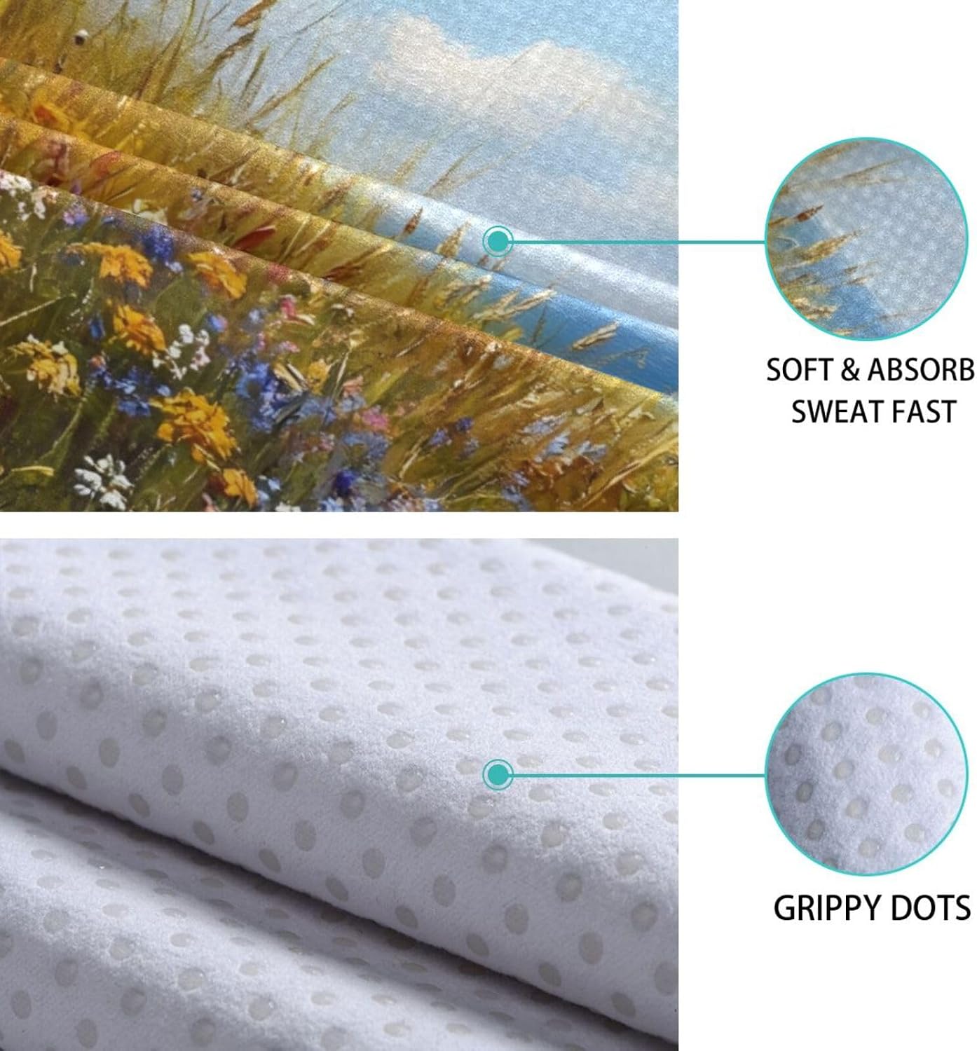 Yoga Mat Towel with Silicone Grip Dot Beach Path Wildflower – 73"x27" Non-Slip Sweat Absorbent Microfiber Yoga Towel for Home Gym Studio