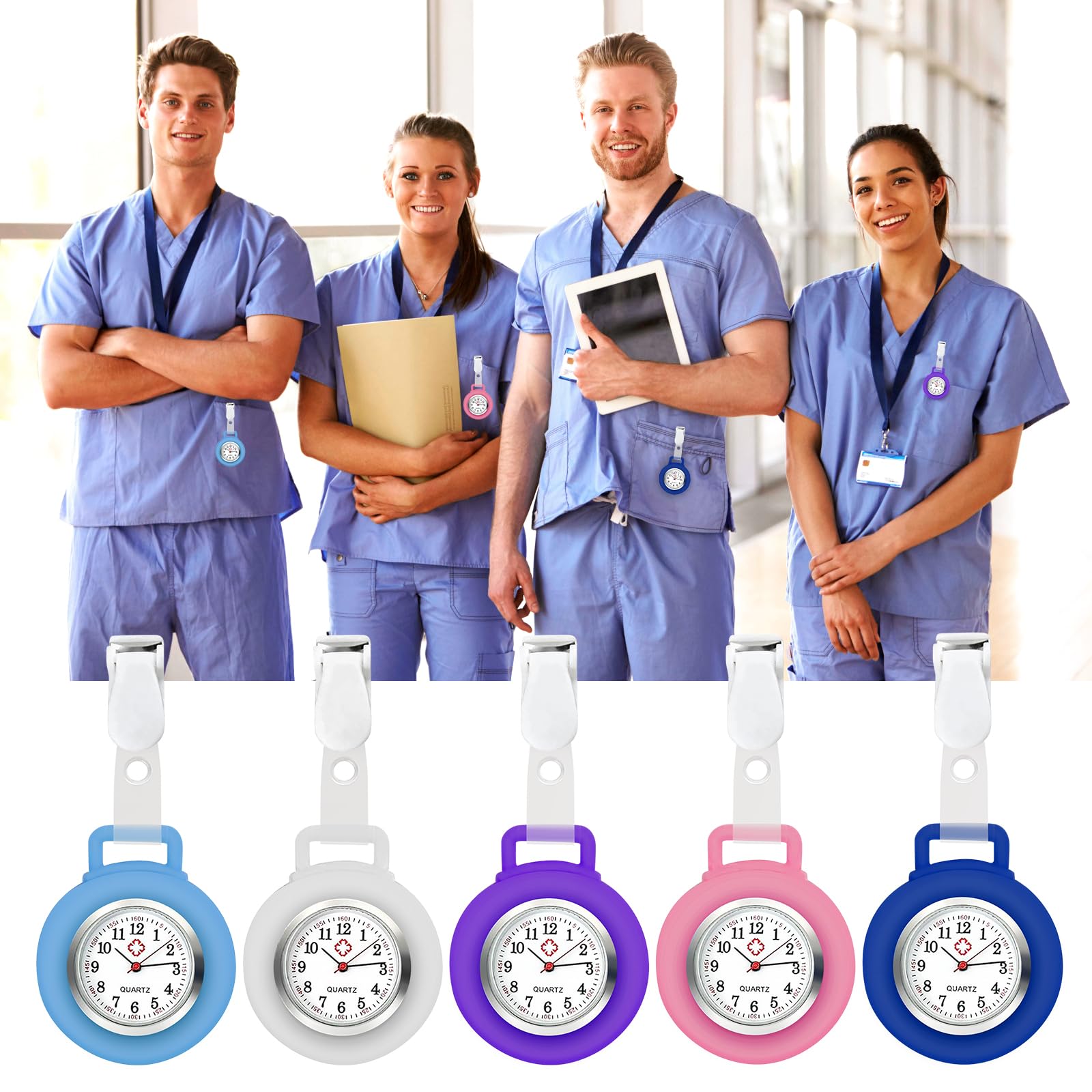 Orologio da Infermiere in Silicone con Clip - Set 5 Pezzi, Quarzo, Spille per Infermiera Donna
